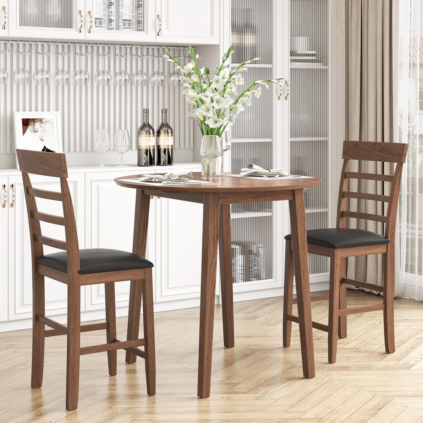 PORKISS Dining Table Set 3pcs Set, Drop Leaf Dining Table with 2 Upholstered Chairs, Walnut+Black