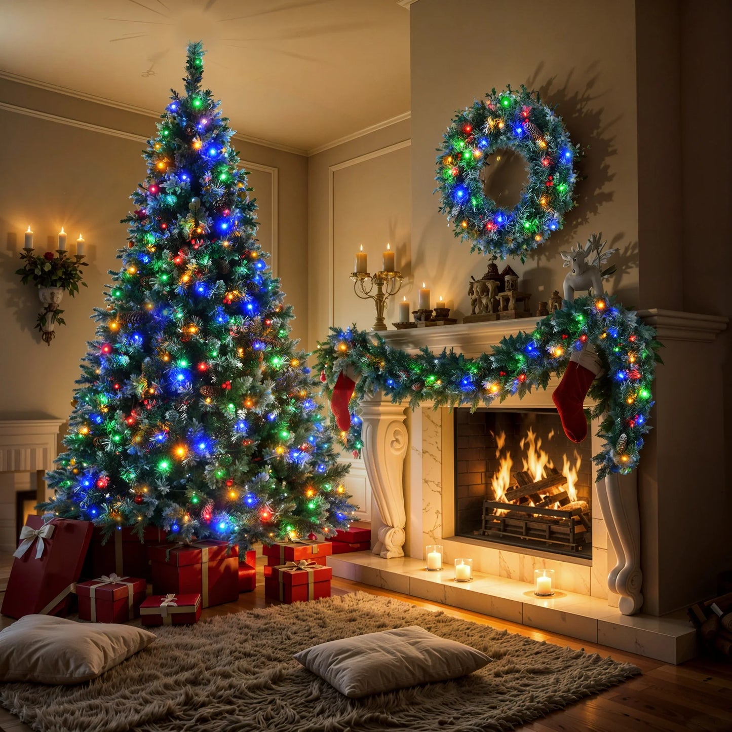 Sesslife 6FT Pine Christmas Tree Set with Garland and Wreath, Artificial Christmas Tree with Red Berries and Pine Cones, Pre-Lit Xmas Tree Set with LED Lights for Indoor Place, Holiday Decor, Green