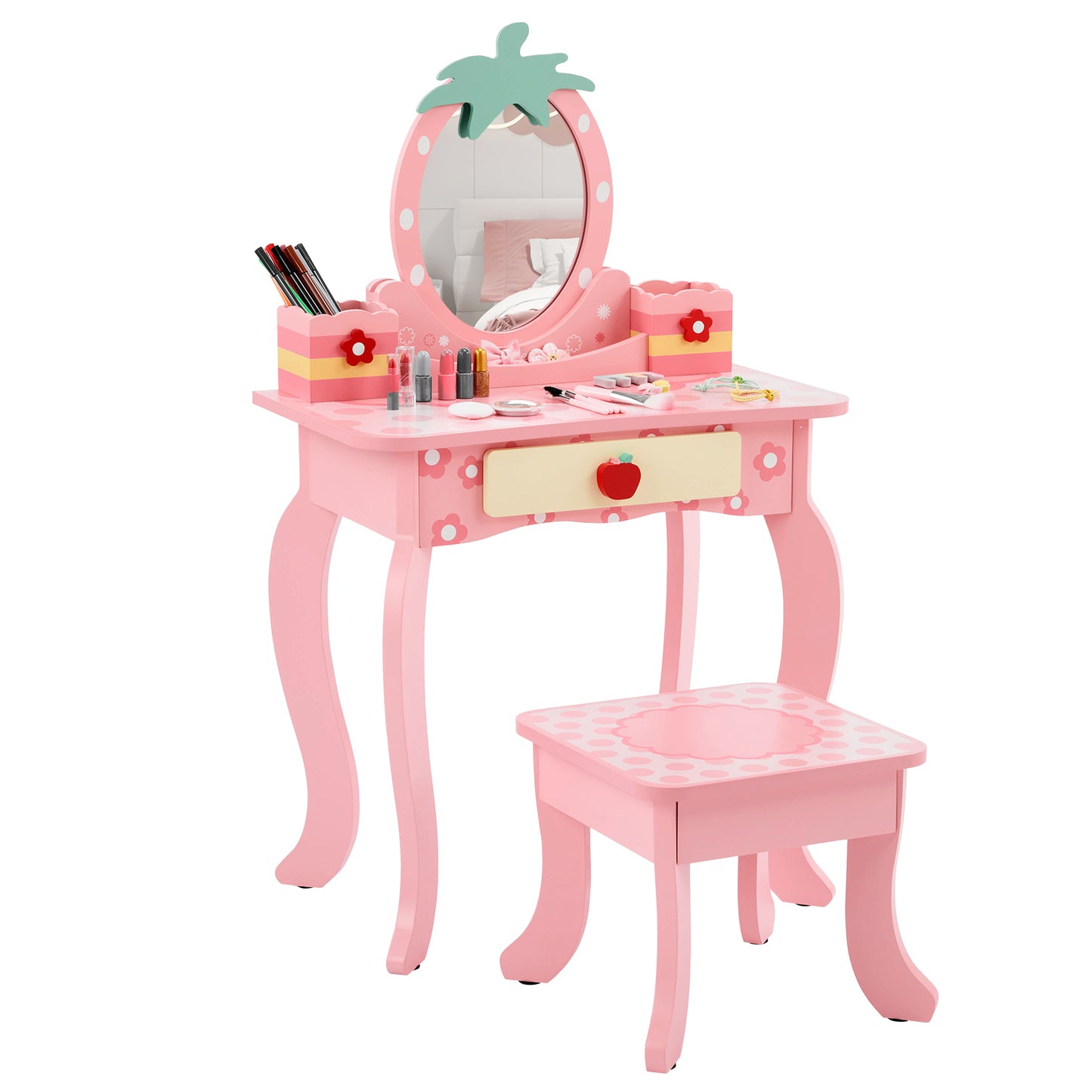SESSLIFE Vanity Desk Set with Drawers and Storage, Compact Dressing Table Organizer for Bedroom, Pink Makeup Vanity Table, Cute Apple Accent