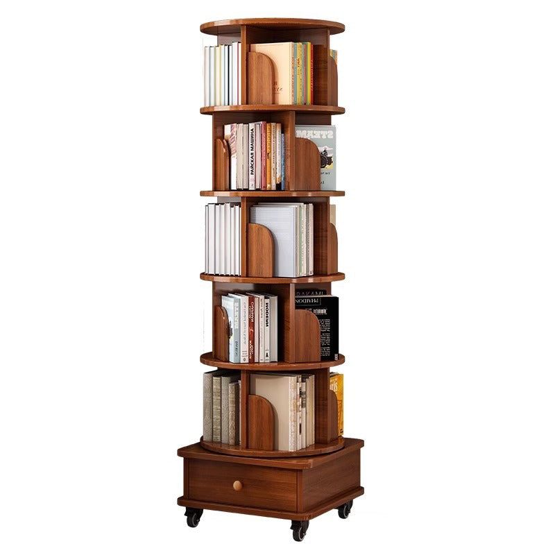 SESSLIFE 6 Tier Rotating Bookshelf, 360° Spinning Corner Bookcase for Small Space, Tall Narrow Wood Book Storage with Wheels, Space Saving Organizer for Living Room, Walnut