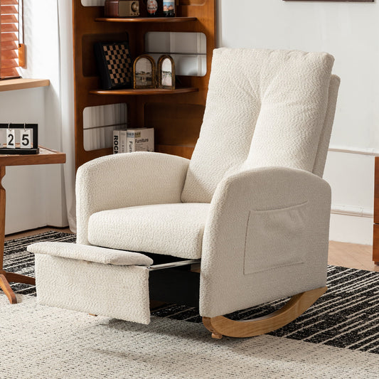 Accent Rocking Chair with Pull-Out Footrest, Particle Fleece Accent Rocker Chair with Solid Wood Legs Side Pocket, Glider Rocker with High Backrest for Living Room Bedroom Playroom