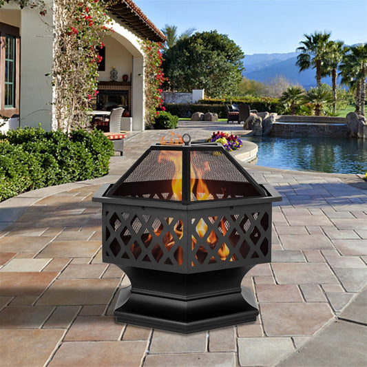 24" Outdoor Fire Pit Grill, BBQ Hexagon Firepit Table, Multifunctional Fire Pit, Heater, Patio Backyard Garden Bonfire Pit, Fire Pit Bowl with Spark Screen Cover, Poker