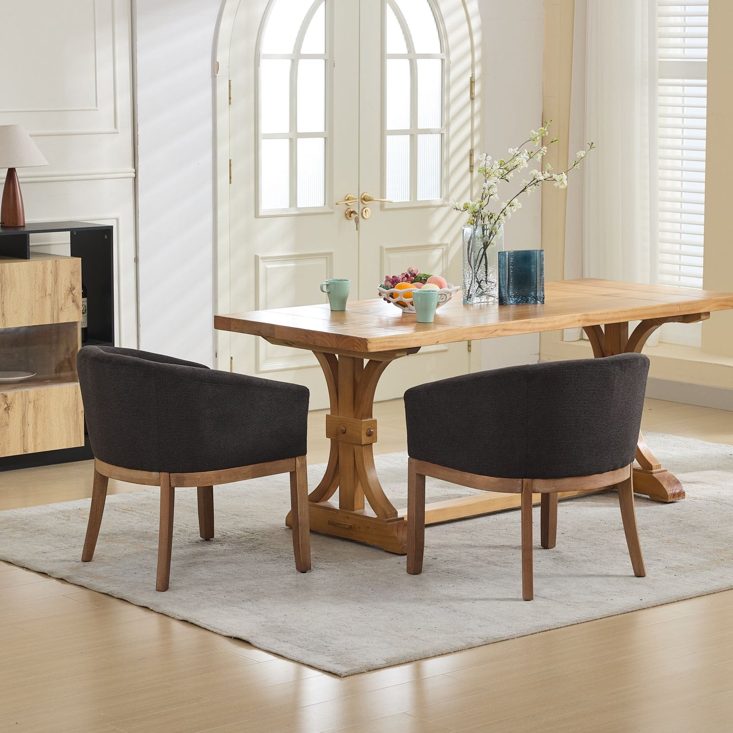 Sesslife Upholstered Dining Chairs Set of 4, Modern Linen Barrel Dining Room Chairs with Arms, Wood Legs, Mid Century 19” W Accent Chair, Kitchen Chairs for Dining Room, Living Room, Bedroom