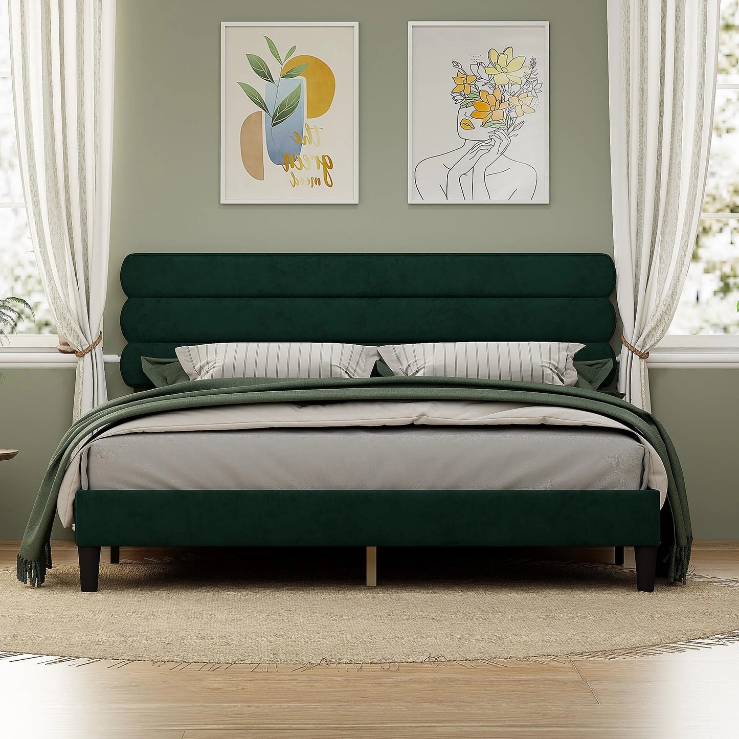 PORKISS King Size Bed Frame, Velvet Upholstered Platform Bed with Headboard and Strong Wooden Slats, King Bed Frame No Box Spring Needed, Light Gray