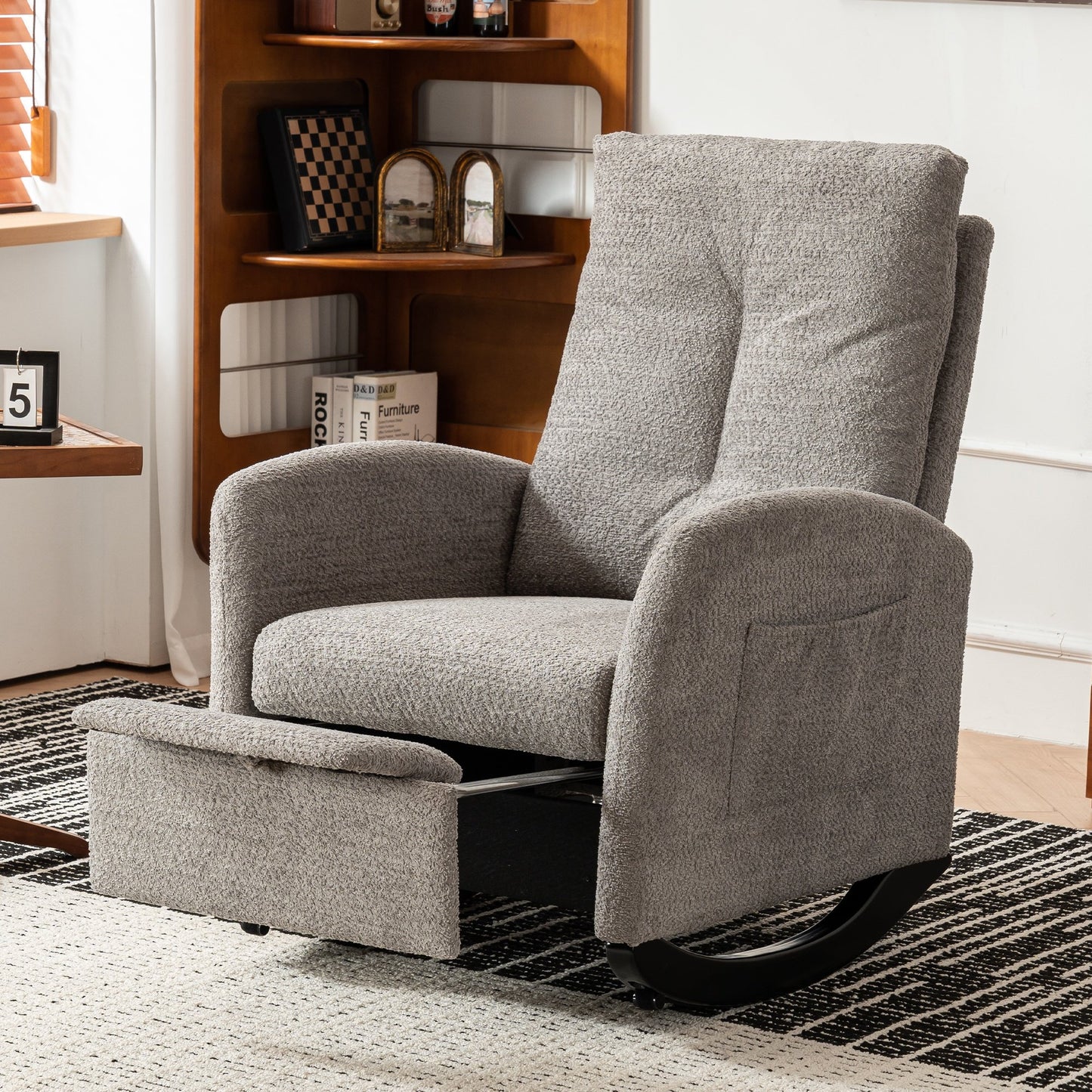Accent Rocking Chair with Pull-Out Footrest, Particle Fleece Accent Rocker Chair with Solid Wood Legs Side Pocket, Glider Rocker with High Backrest for Living Room Bedroom Playroom