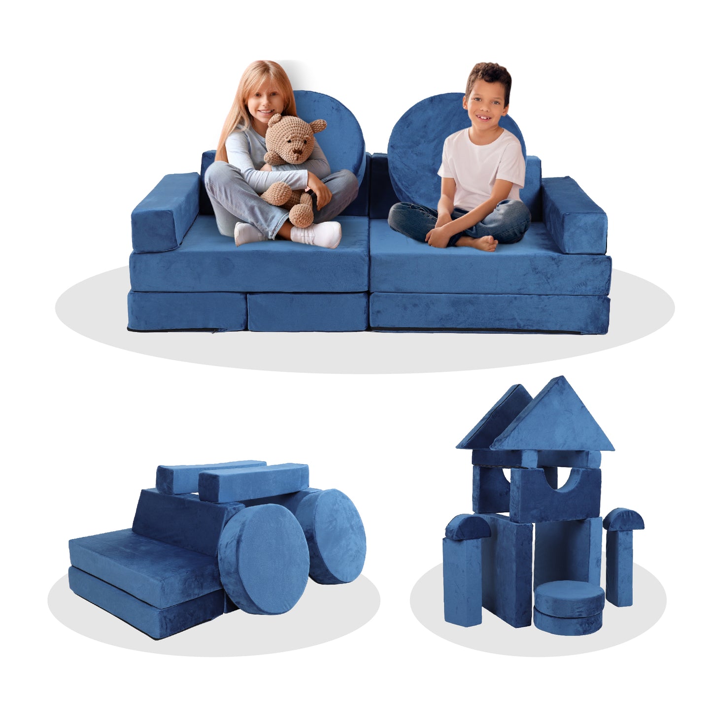 14 PCS Kids Sofa Couch, Foam Modular Kids Play Couch for Boys Girls, DIY Creativing Playroom Sofa, Modern Convertible Floor Sofa for Toddlers Room, Bedroom, Blue