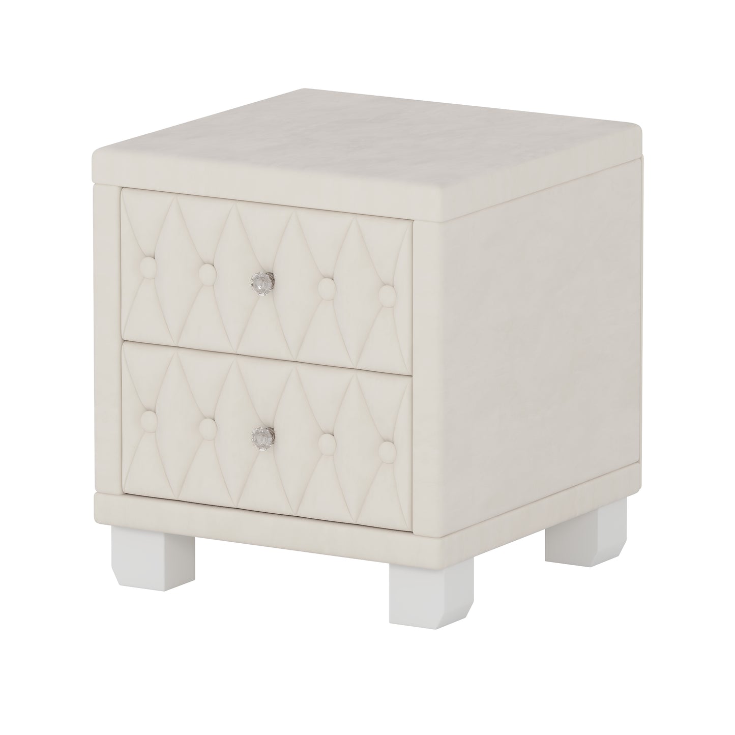 SESSLIFE Velvet Nightstand with 2 Drawers, Button Tufted Bedside Table with Crystal Handles, Upholstered Storage Side Table for Bedroom, Beige