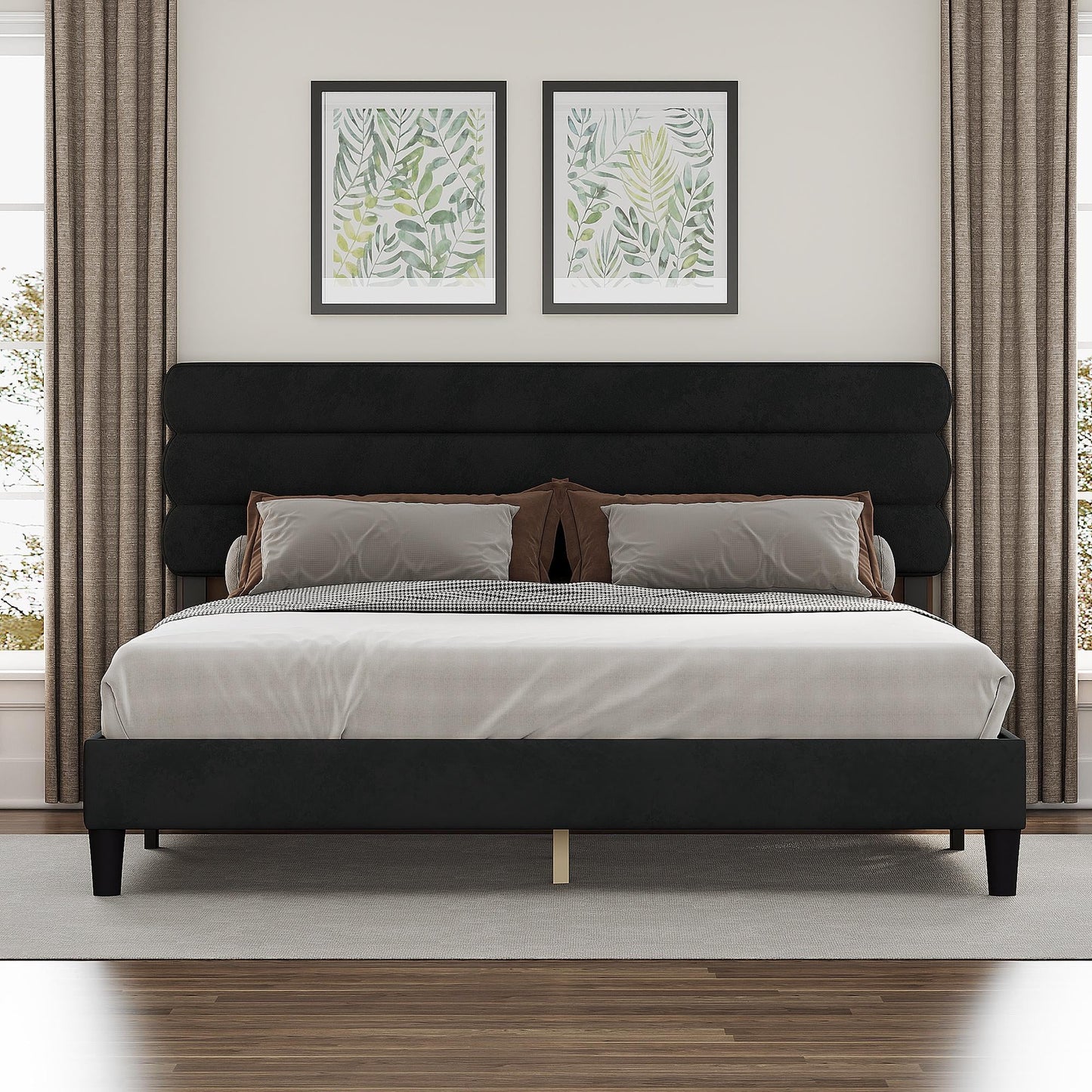 PORKISS King Size Bed Frame, Velvet Upholstered Platform Bed with Headboard and Strong Wooden Slats, King Bed Frame No Box Spring Needed, Light Gray