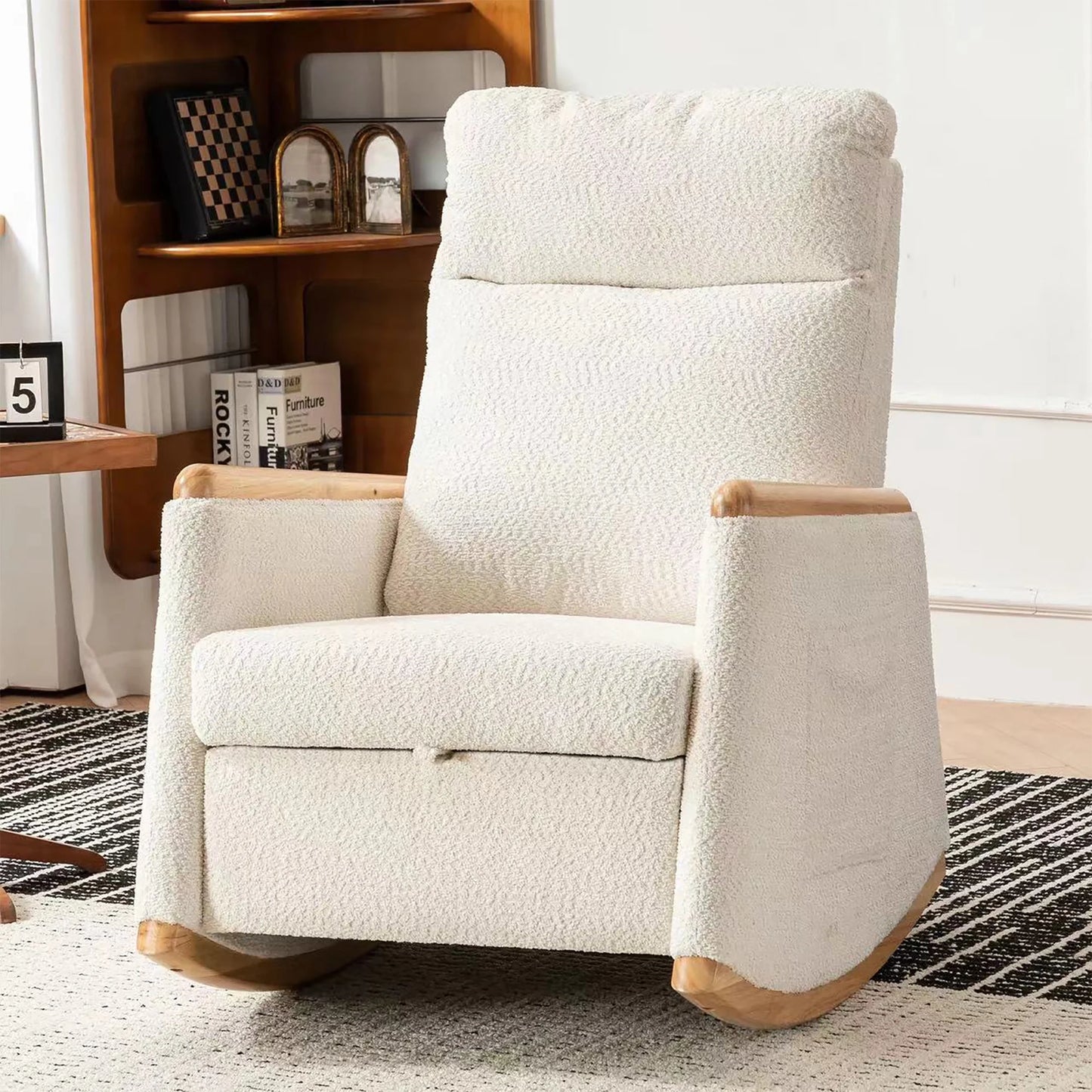 Accent Rocking Chair with Pull-Out Footrest, Particle Fleece Accent Rocker Chair with Solid Wood Legs Side Pocket, Glider Rocker for Living Room Bedroom Playroom Nursery