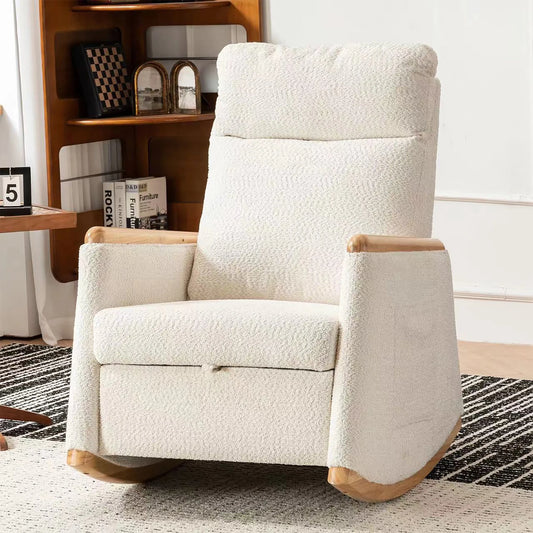 Accent Rocking Chair with Pull-Out Footrest, Particle Fleece Accent Rocker Chair with Solid Wood Legs Side Pocket, Glider Rocker for Living Room Bedroom Playroom Nursery