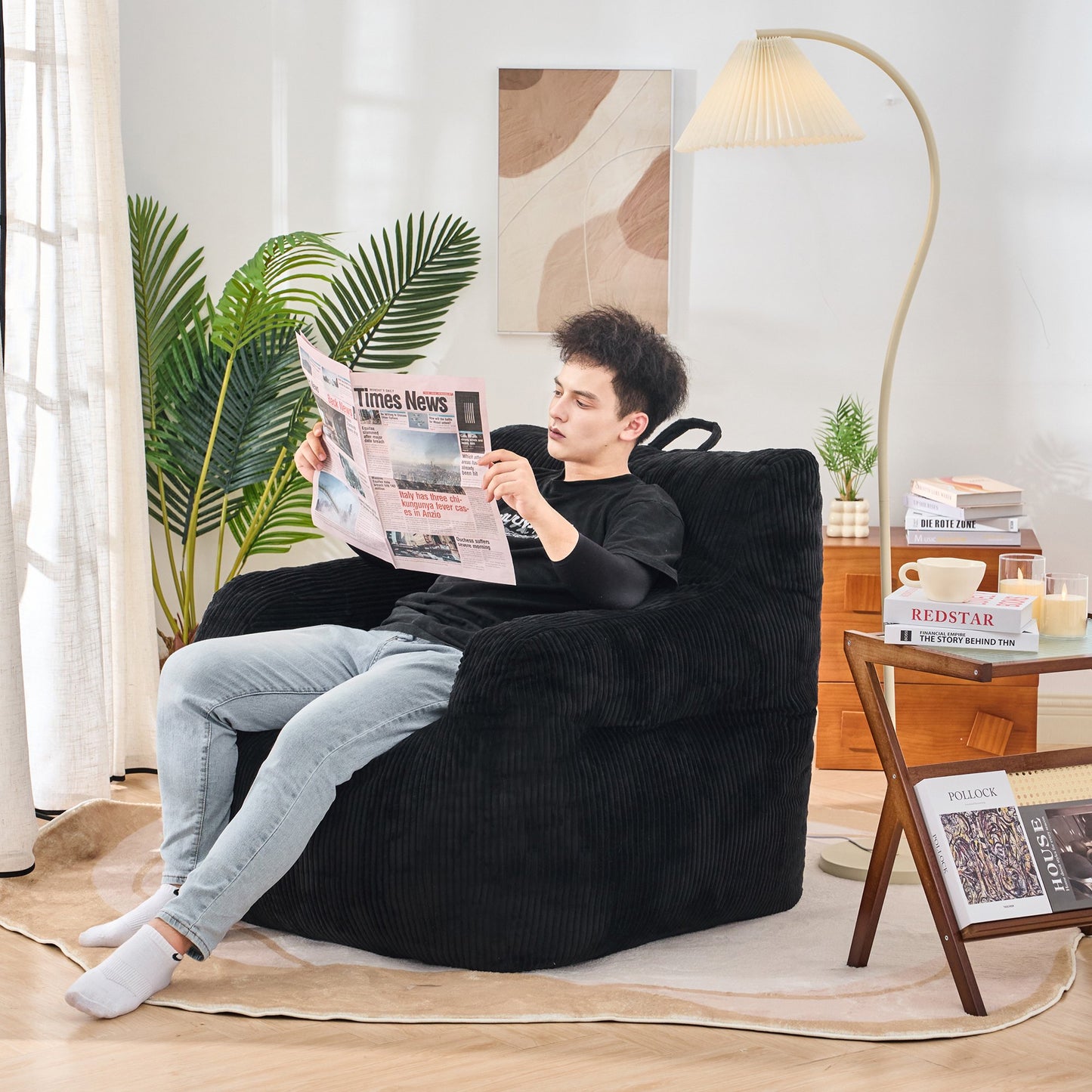 PORKISS Bean Bag Chairs for Adults, Soft Lazy Sofa with Corduroy Fabric for Dorm Bedroom Living Room, Single Leisure Accent Sofa Chair for Adults Teens, White