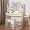 Sesslife Vanity Desk with Mirror and Lights, Makeup Vanity Table with Large Drawer and Open Shelves for Bedroom Dressing Room, Modern Wood Dressing Table Set with Stool for Girls Women, White