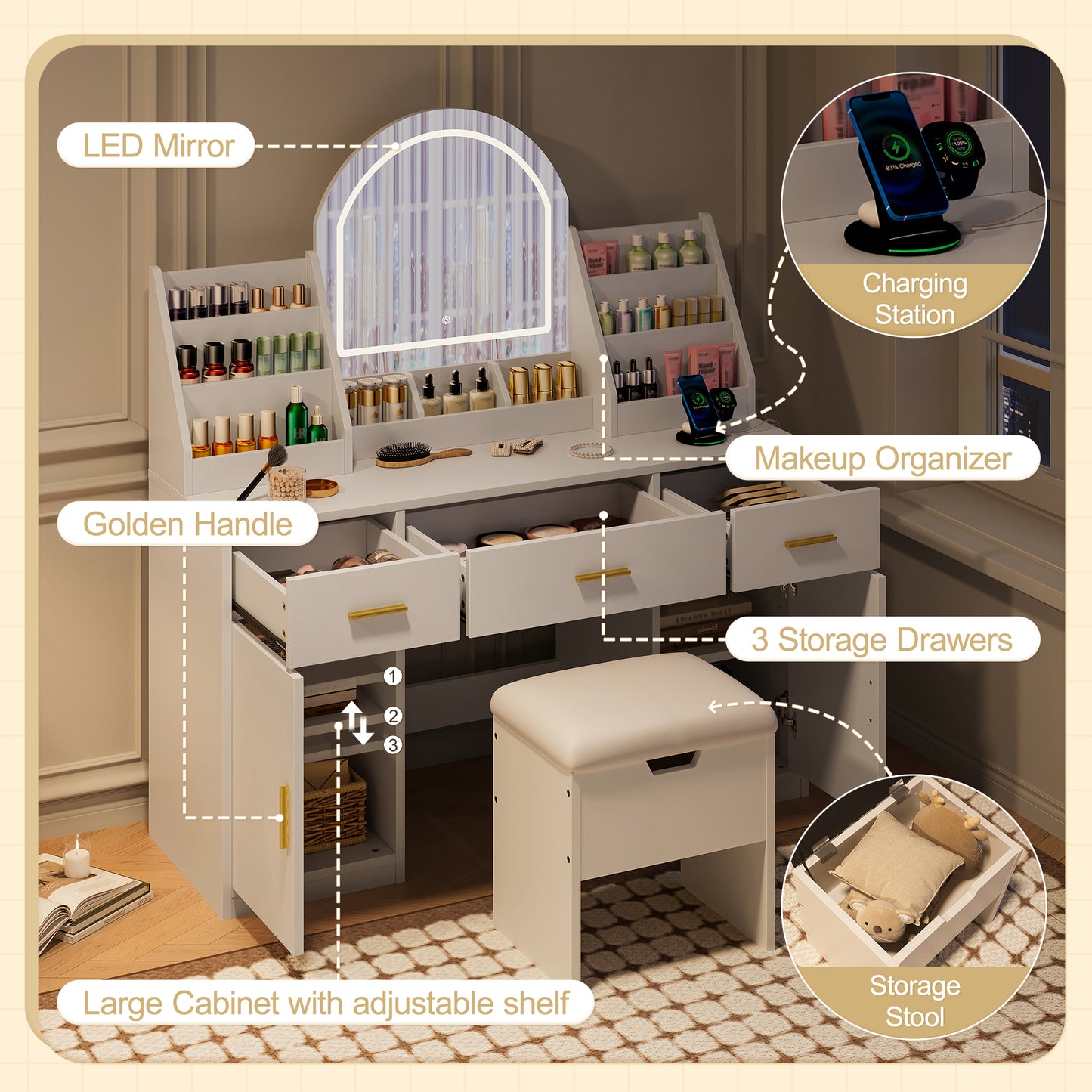 SESSLIFE Makeup Vanity with Lights and Storage, 47.2 Inch Modern Vanity Desk with LED Mirror, 3 Drawers, 2 Cabinets, Charging Station and Stool, White