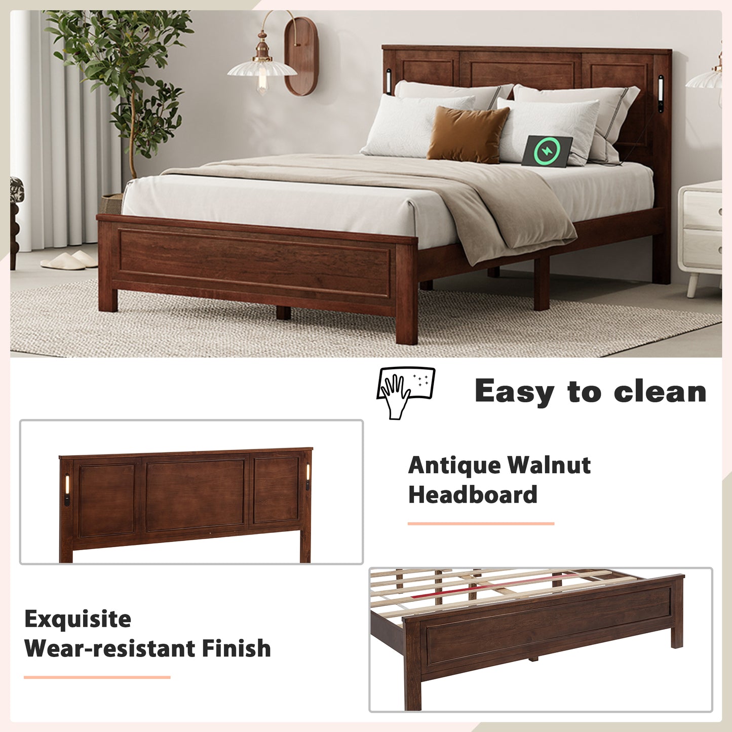Sesslife King Size Bed Frame with Headboard & Footboard, Wood Platform Bed with Built-in LED Lights, Charging Station, Modern Farmhouse King Bed Frame with Slats, No Box Spring Needed, Walnut