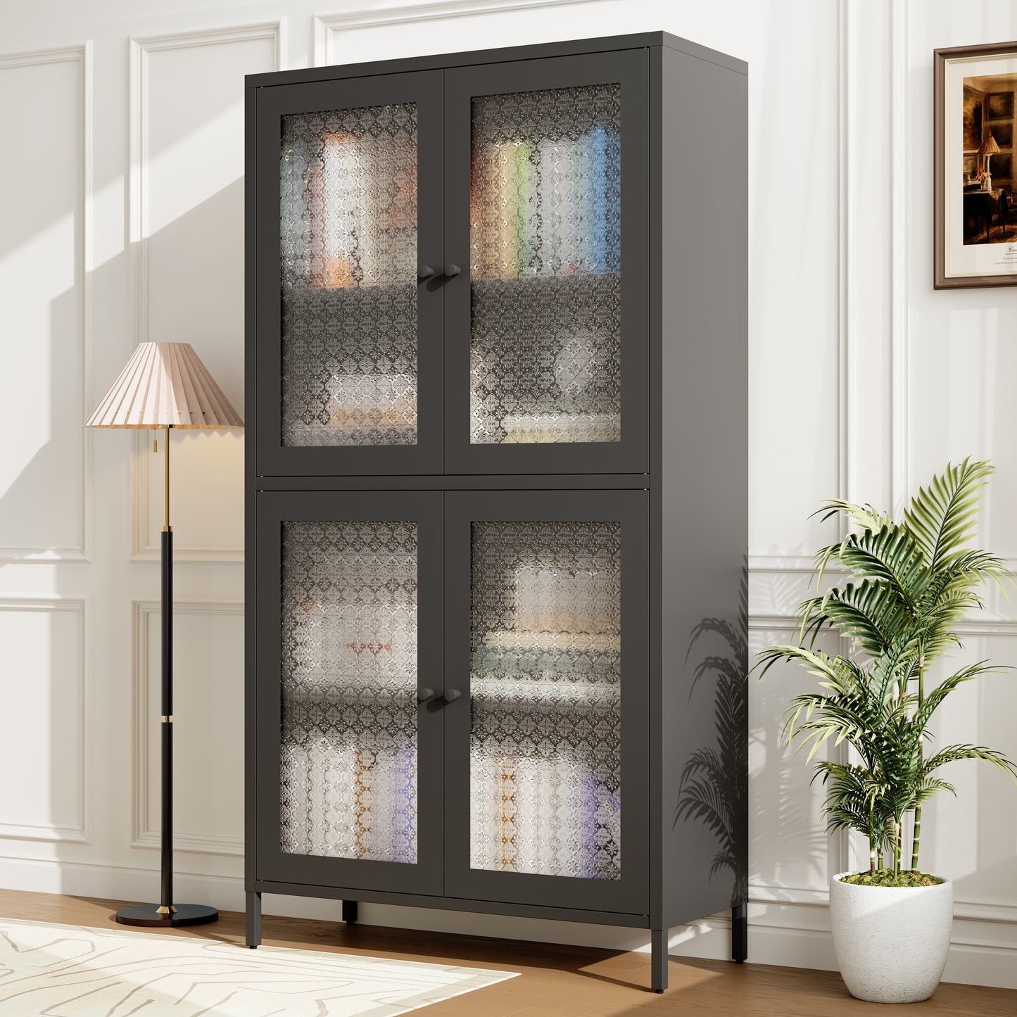 SESSLIFE 59” Classic Metal Storage Cabinet with Tempered Glass Doors and Adjustable Shelves, Freestanding Display Bookcase for Home Office, Living Room, Kitchen, Bedroom