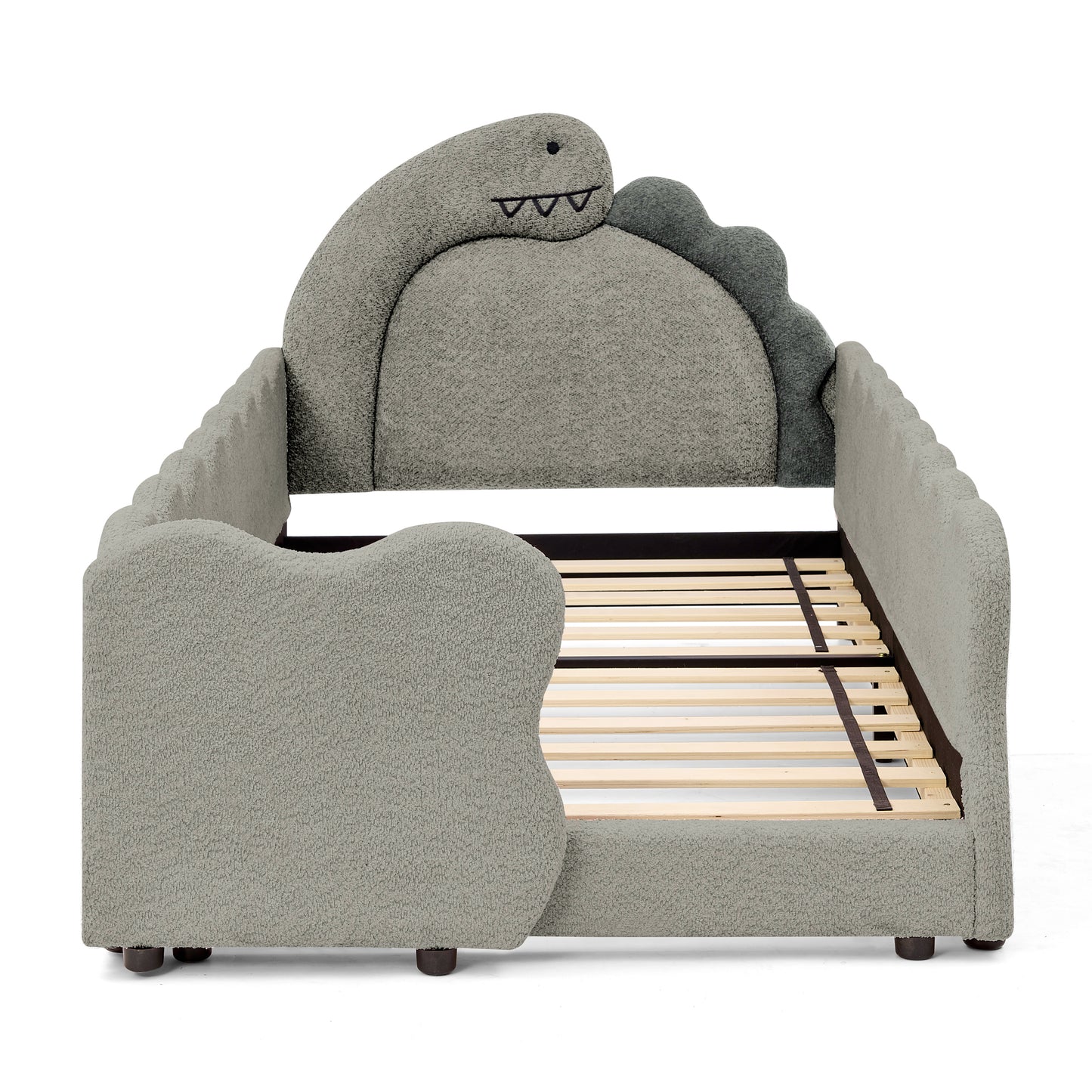 Sesslife Twin Size Floor Bed with Fence, Upholstered Twin Size Platform Bed with Cute Dinosaur Shaped Headboard for Boys Girls, Wood Twin Bed Frame with Safety Guardrail and Salts for Age 3-7