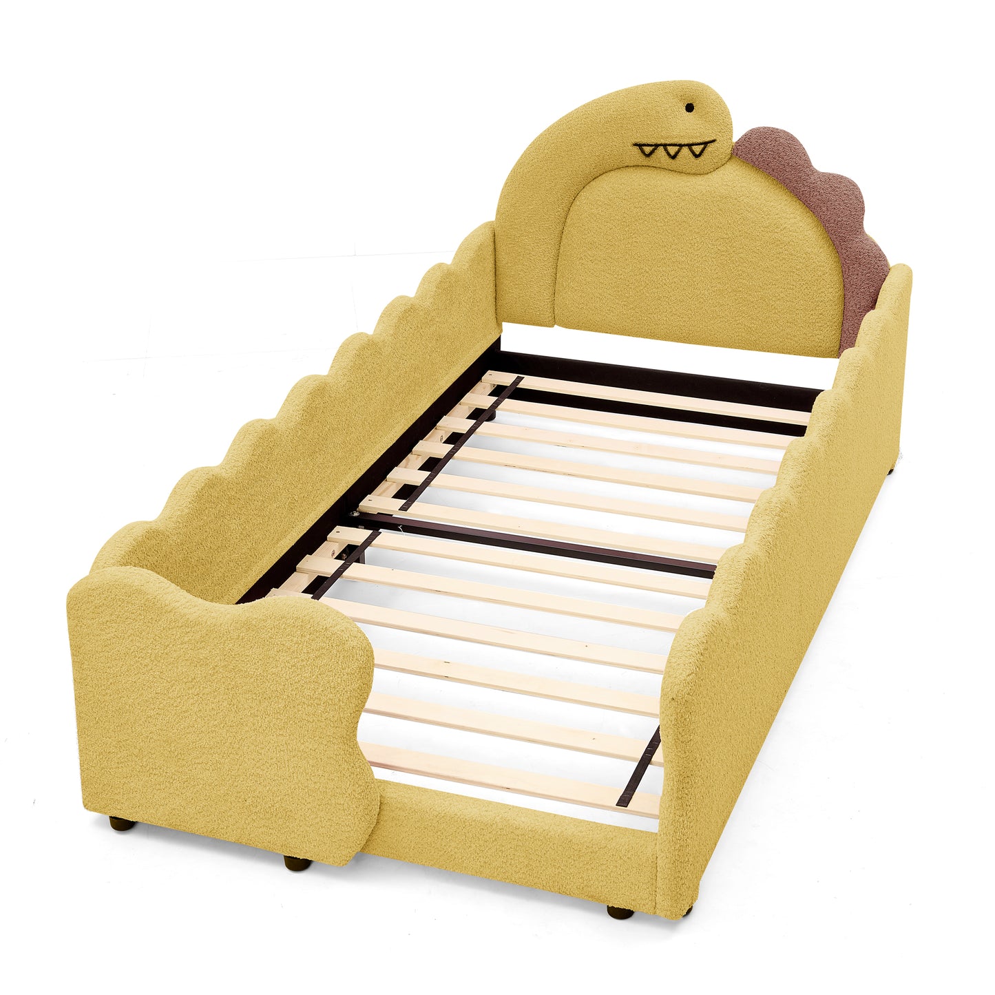 Sesslife Twin Size Floor Bed with Fence, Upholstered Twin Size Platform Bed with Cute Dinosaur Shaped Headboard for Boys Girls, Wood Twin Bed Frame with Safety Guardrail and Salts for Age 3-7