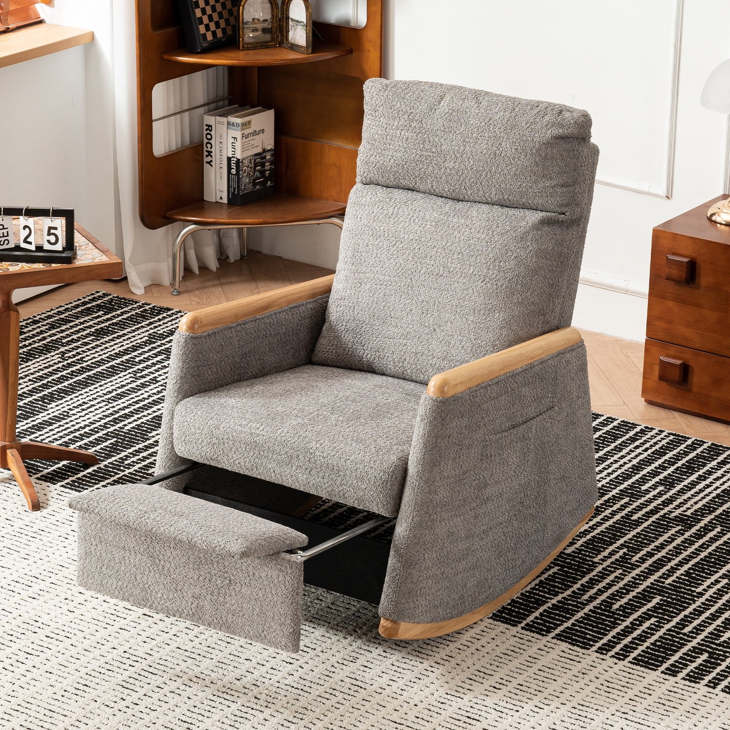 Accent Rocking Chair with Pull-Out Footrest, Particle Fleece Accent Rocker Chair with Solid Wood Legs Side Pocket, Glider Rocker for Living Room Bedroom Playroom Nursery