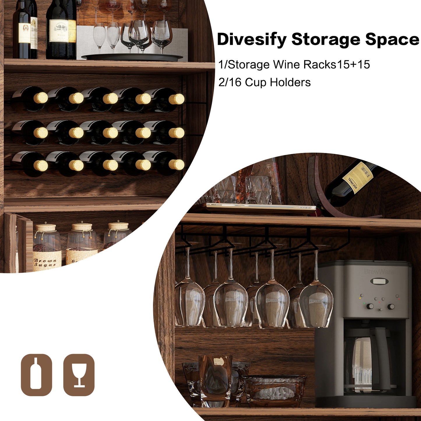 SESSLIFE 71 Inch Pantry Cabinet with Wine Rack and Glass Holder, Arched Black Design for Coffee Bar and Whiskey Corner, Freestanding Storage for Dining Room, Brown Oak