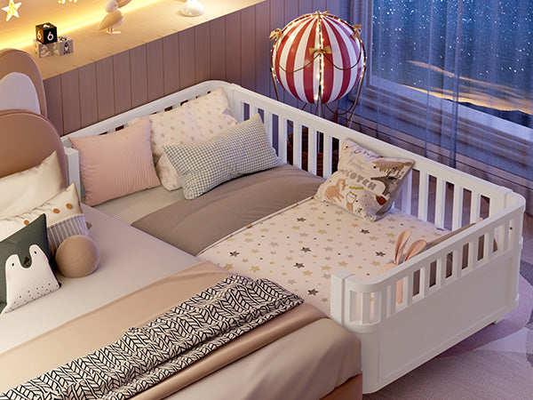 Sesslife Toddler Bed, Wood Twin Platform Bed Frame, Twin Size Bed Frame with Salts and Safety Fence for Boys Girls, Low Profile Bed Twin with Removable Guardrail, No Box Spring Needed, White