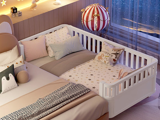 Sesslife Toddler Bed, Wood Twin Platform Bed Frame, Twin Size Bed Frame with Salts and Safety Fence for Boys Girls, Low Profile Bed Twin with Removable Guardrail, No Box Spring Needed, White