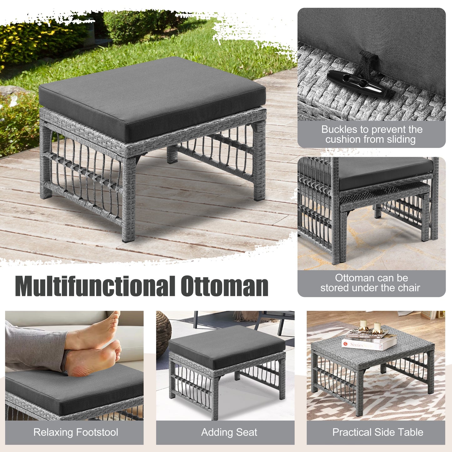 Wicker Patio Conversation Set, 5 Pcs Outdoor Sofa Set with Ottomans and Coffee Table, All-Weather Outdoor Furniture for Backyard Front Porch Deck Balcony, Brown Rattan+Gray Cushion