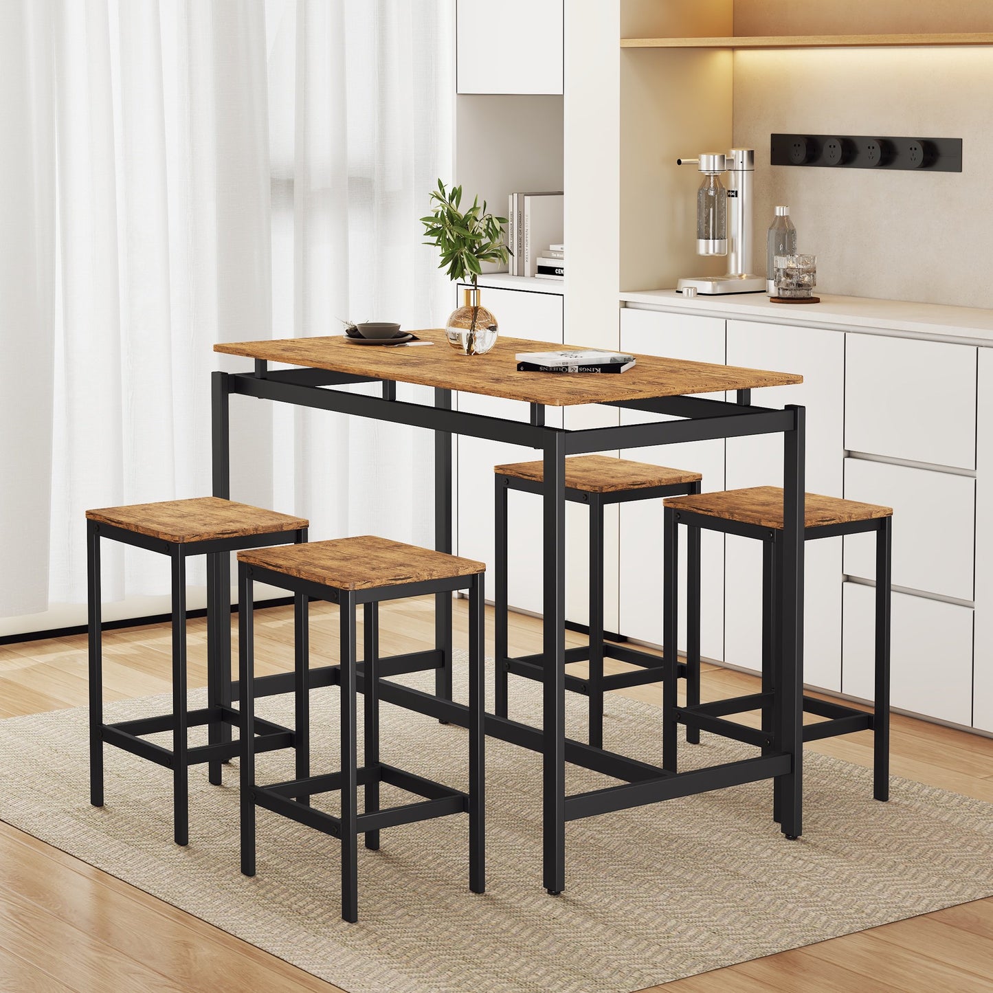 PORKISS Counter Height Table Set of 5, Breakfast Bar Table and Stool Set, Dining Table with Backless Stools, Wood Top Pub Table & Chair Set for Kitchen Apartment Bistro, Dark Brown