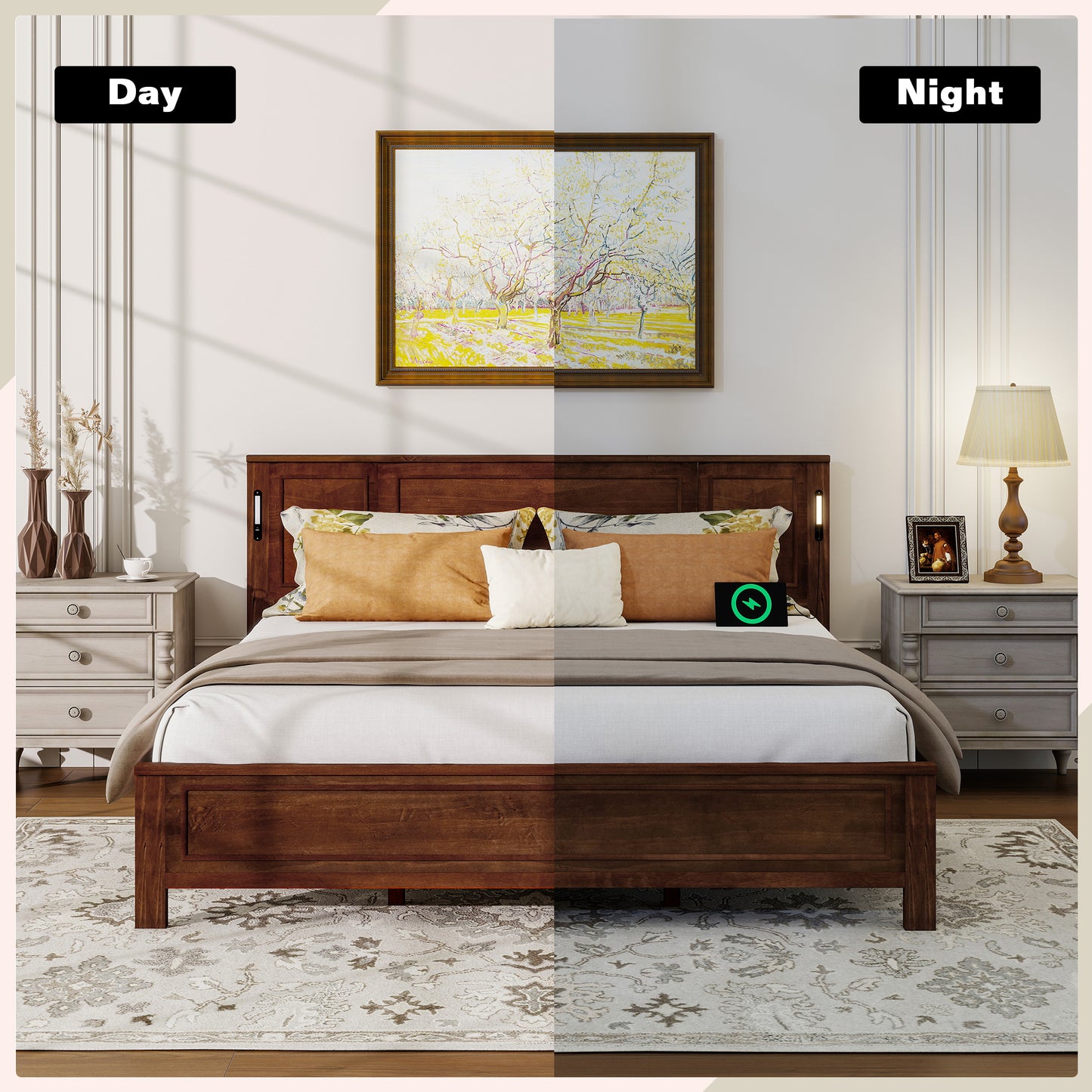 Sesslife King Size Bed Frame with Headboard & Footboard, Wood Platform Bed with Built-in LED Lights, Charging Station, Modern Farmhouse King Bed Frame with Slats, No Box Spring Needed, Walnut