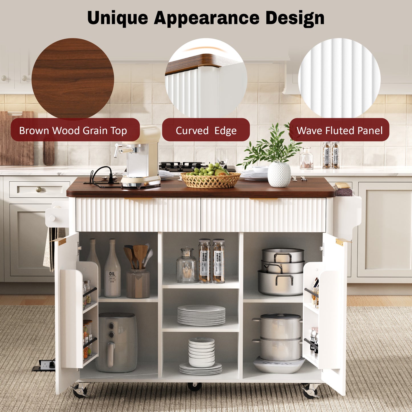 SESSLIFE 52” Fluted Kitchen Island Cart with Drop Leaf Tabletop, Built-in Power Outlet, Rolling Kitchen Storage Island with Adjustable Shelves, 2 Doors and 2 Drawers, Walnut Color Top, White