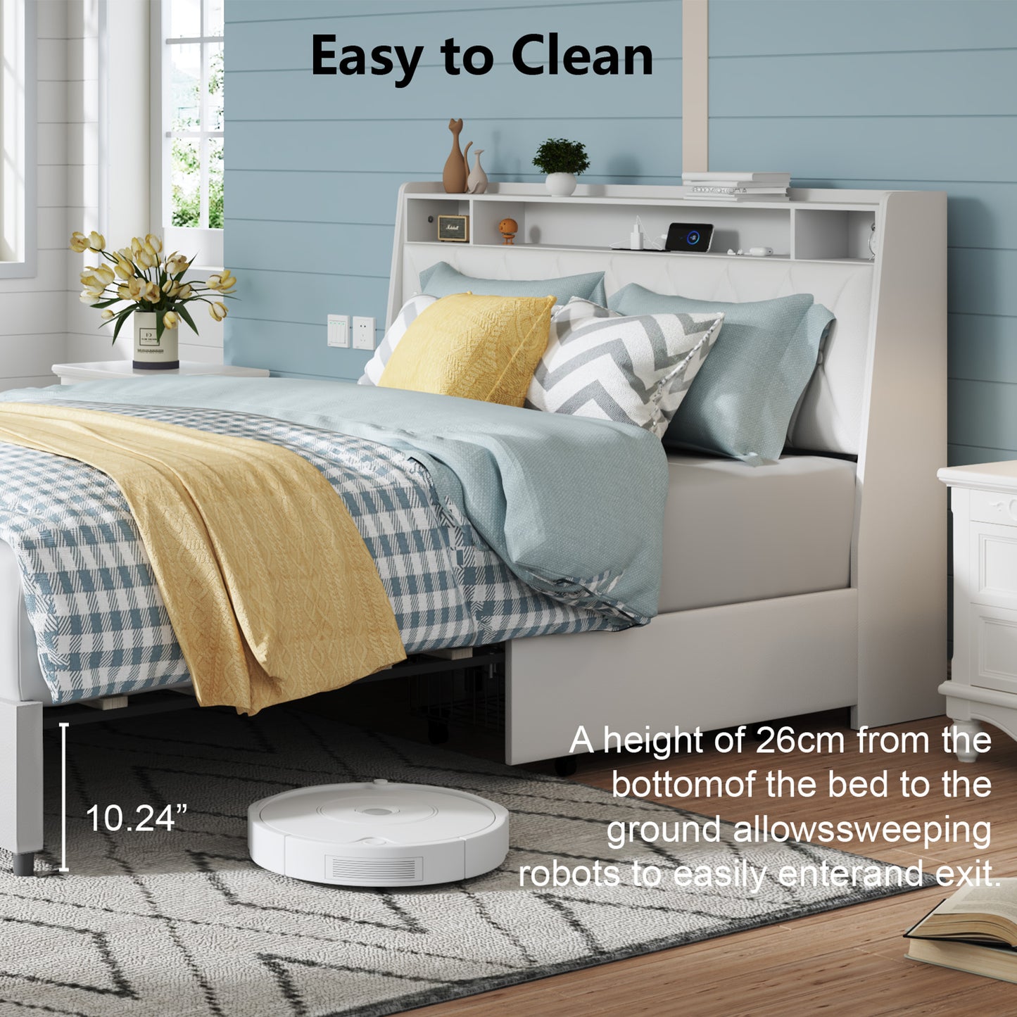 Full Bed Frame with Ergonomic Headboard, Metal & Wood Platform Bed with Charging Station and 4 Storage Drawers, Modern Full Size Upholstered Bed Frame, No Box Spring Needed, White