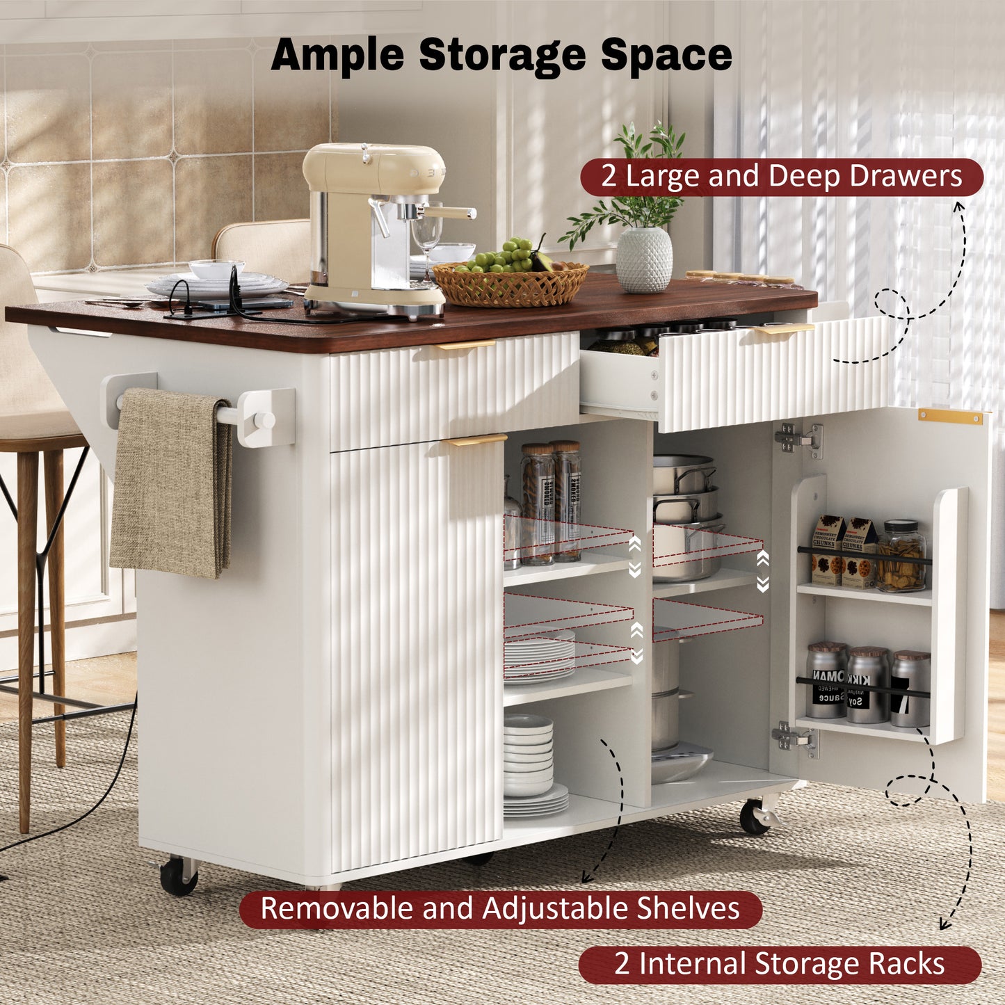 SESSLIFE 52” Fluted Kitchen Island Cart with Drop Leaf Tabletop, Built-in Power Outlet, Rolling Kitchen Storage Island with Adjustable Shelves, 2 Doors and 2 Drawers, Walnut Color Top, White
