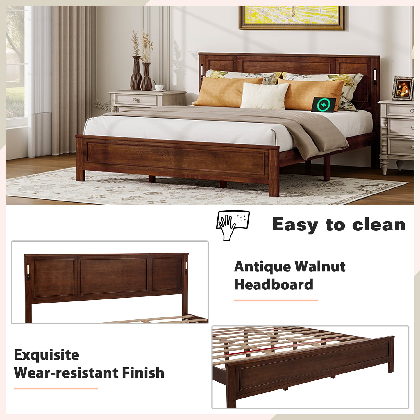Sesslife King Size Bed Frame with Headboard & Footboard, Wood Platform Bed with Built-in LED Lights, Charging Station, Modern Farmhouse King Bed Frame with Slats, No Box Spring Needed, Walnut