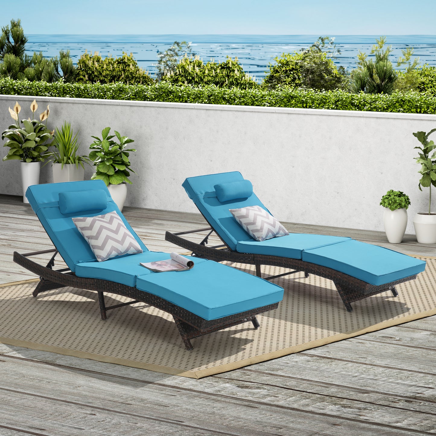 Outdoor Chaise Lounge Chair Set of 2, Wicker Outdoor Lounger Recliner with Cushions and 5-Level Adjustment Backrest, Modern Patio Lounge Chair for Poolside, Garden, Dark Grey