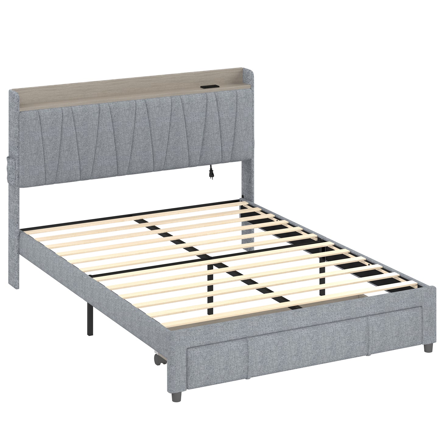 PORKISS Full Size Bed Frame with Drawers and Storage Headboard, Upholstered Bed Frame with Plug Outlets, USB, Gray