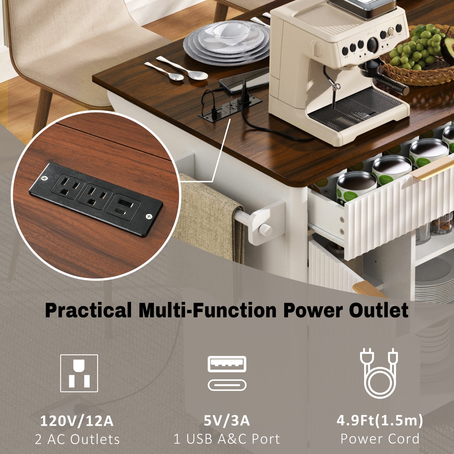 SESSLIFE 52” Fluted Kitchen Island Cart with Drop Leaf Tabletop, Built-in Power Outlet, Rolling Kitchen Storage Island with Adjustable Shelves, 2 Doors and 2 Drawers, Walnut Color Top, White