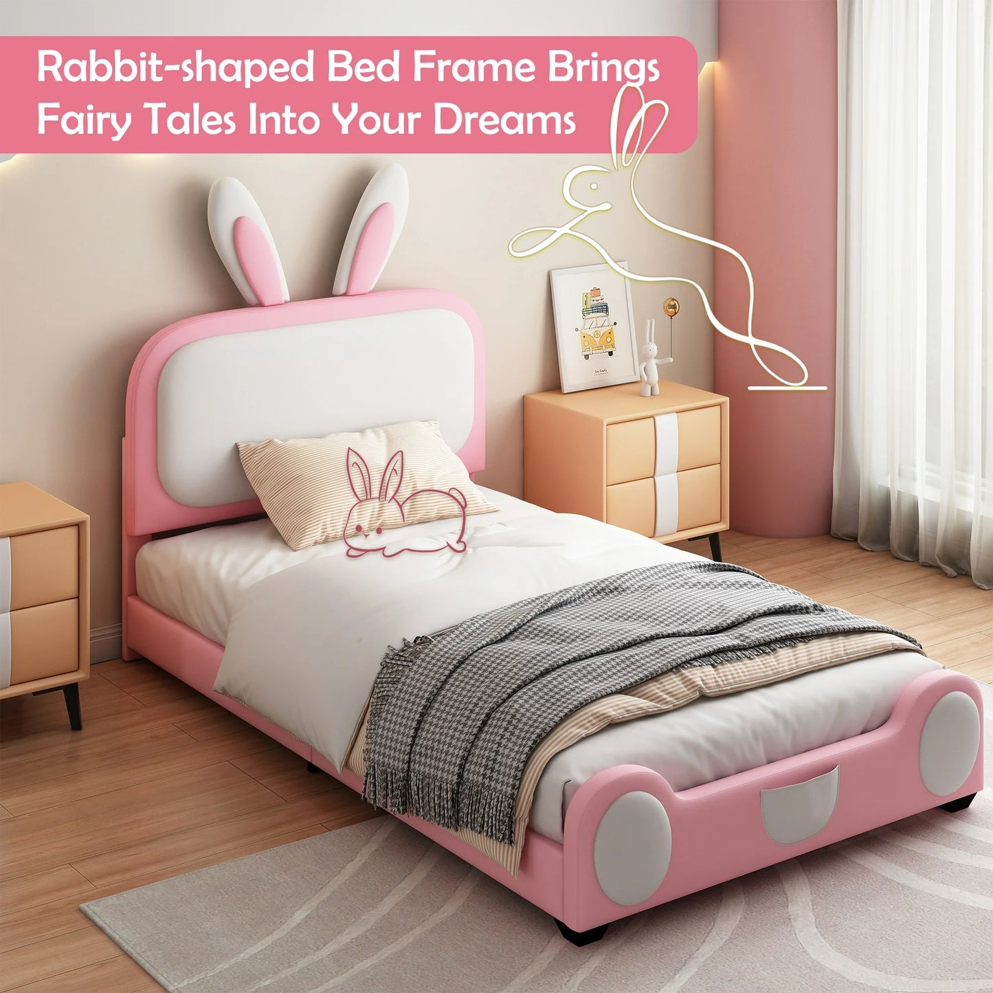 PORKISS Twin Size Bed Frame with Rabbit Ears Headboard, PU Princess Upholstered Platform Bed for Kids and Girls, White + Pink #