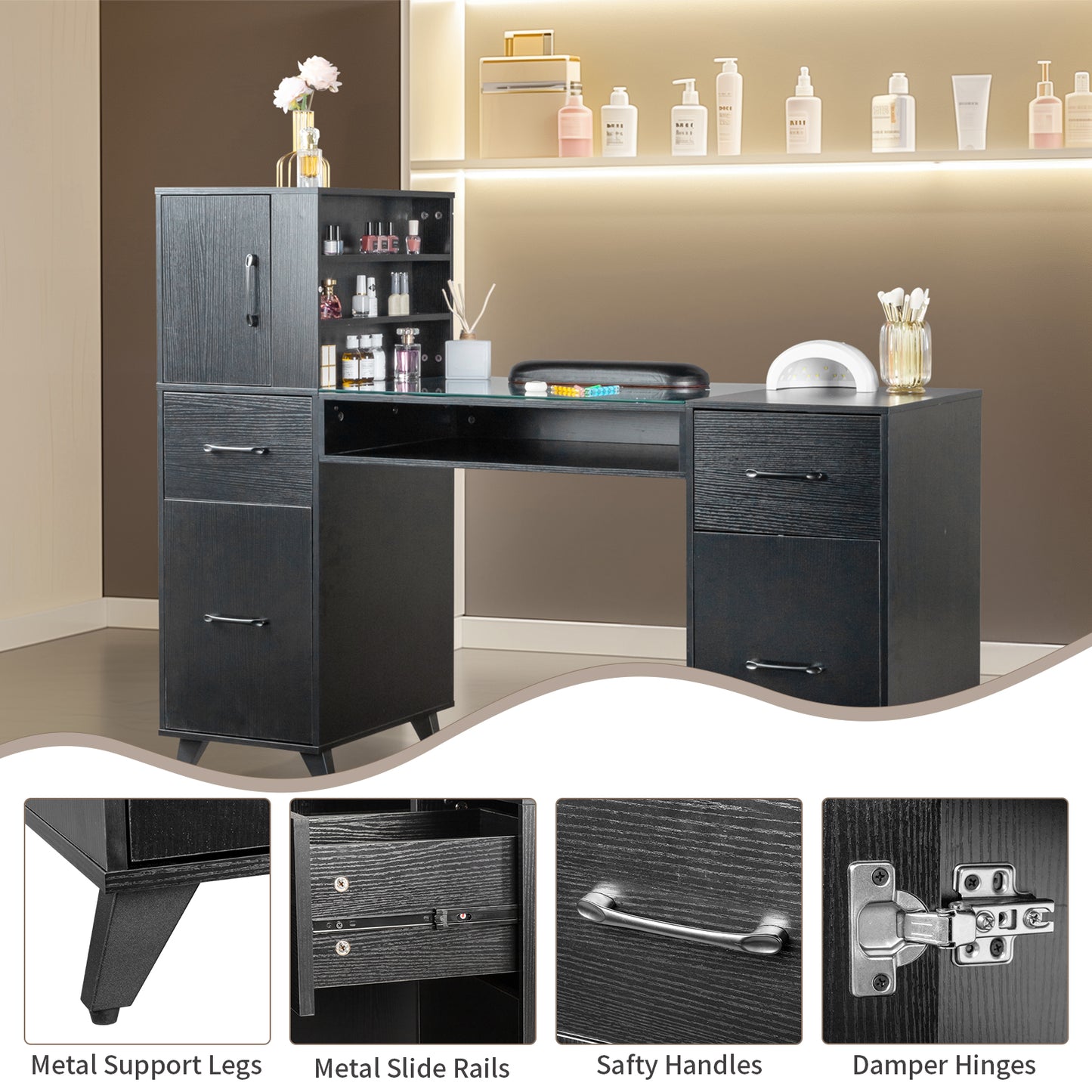 SESSLIFE All-in-One Nail Tech Table , Professional Manicure Station with Soft Wrist Rest, Acetone Resistant Glass Top, Spacious Cabinets for Bedroom, Nail Salon Organizer, Black