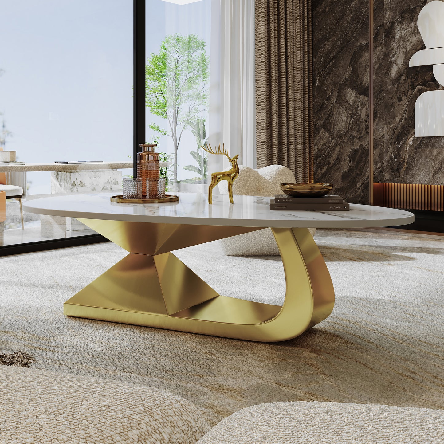 SESSLIFE Modern Coffee Table with Sintered Stone Top and Stainless Steel Base, Elegant Oval Design for Living Room, Scratch-Resistant and Heatproof, Gold