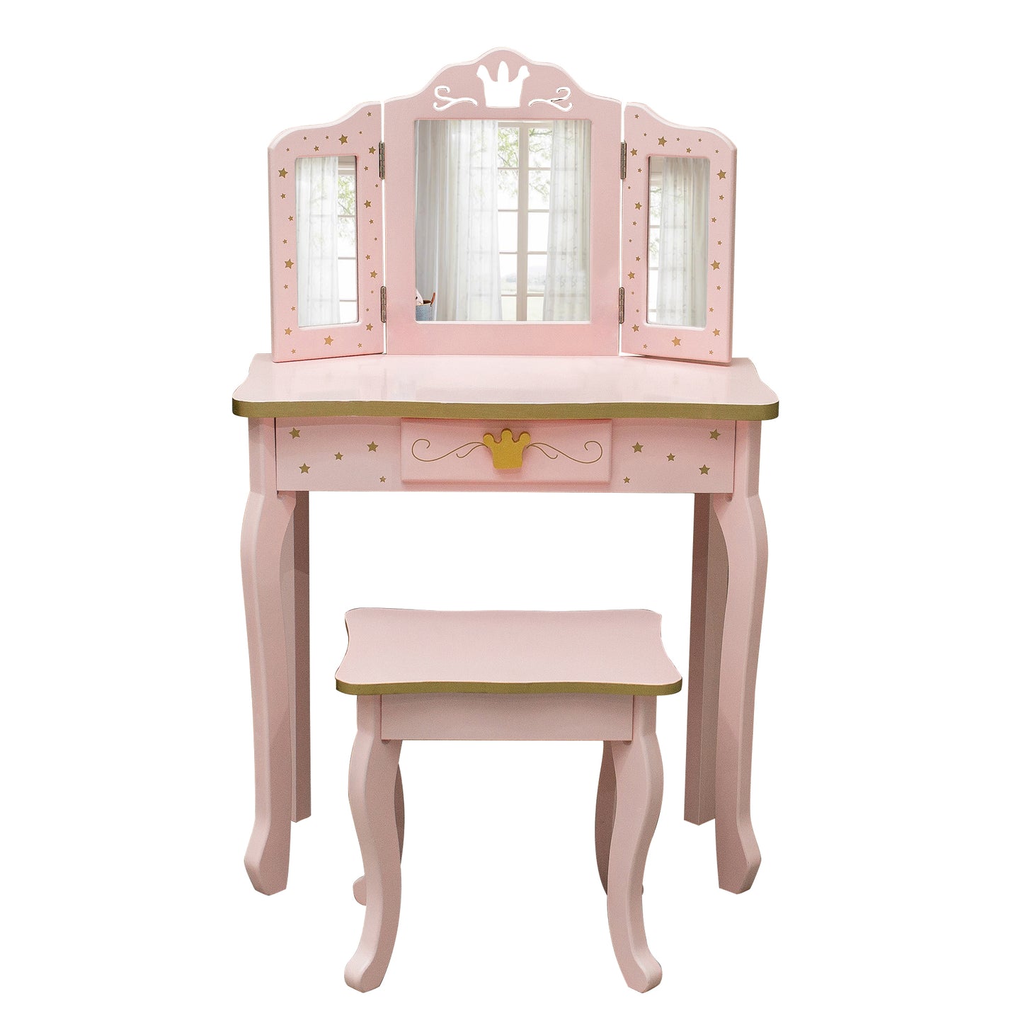 Kids Princess Vanity Table and Chair Set, Kids Vanity Set with Mirror, Makeup Dressing Table for Girls Age 4-9