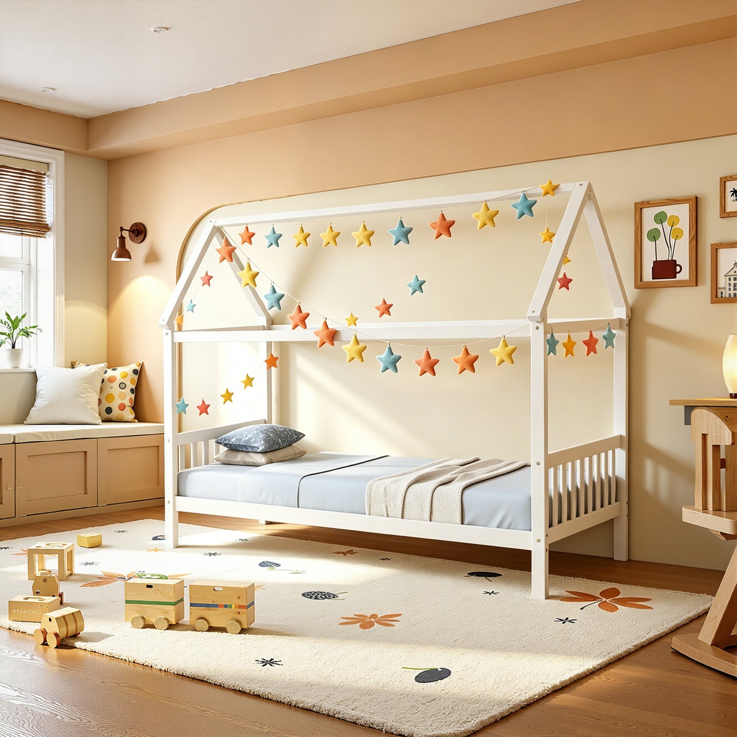 SESSLIFE House Bed with Fence, Wood House Bed, Floor Bed Frame, Twin Canopy Bed for Bedroom, No Box Spring Needed (White)