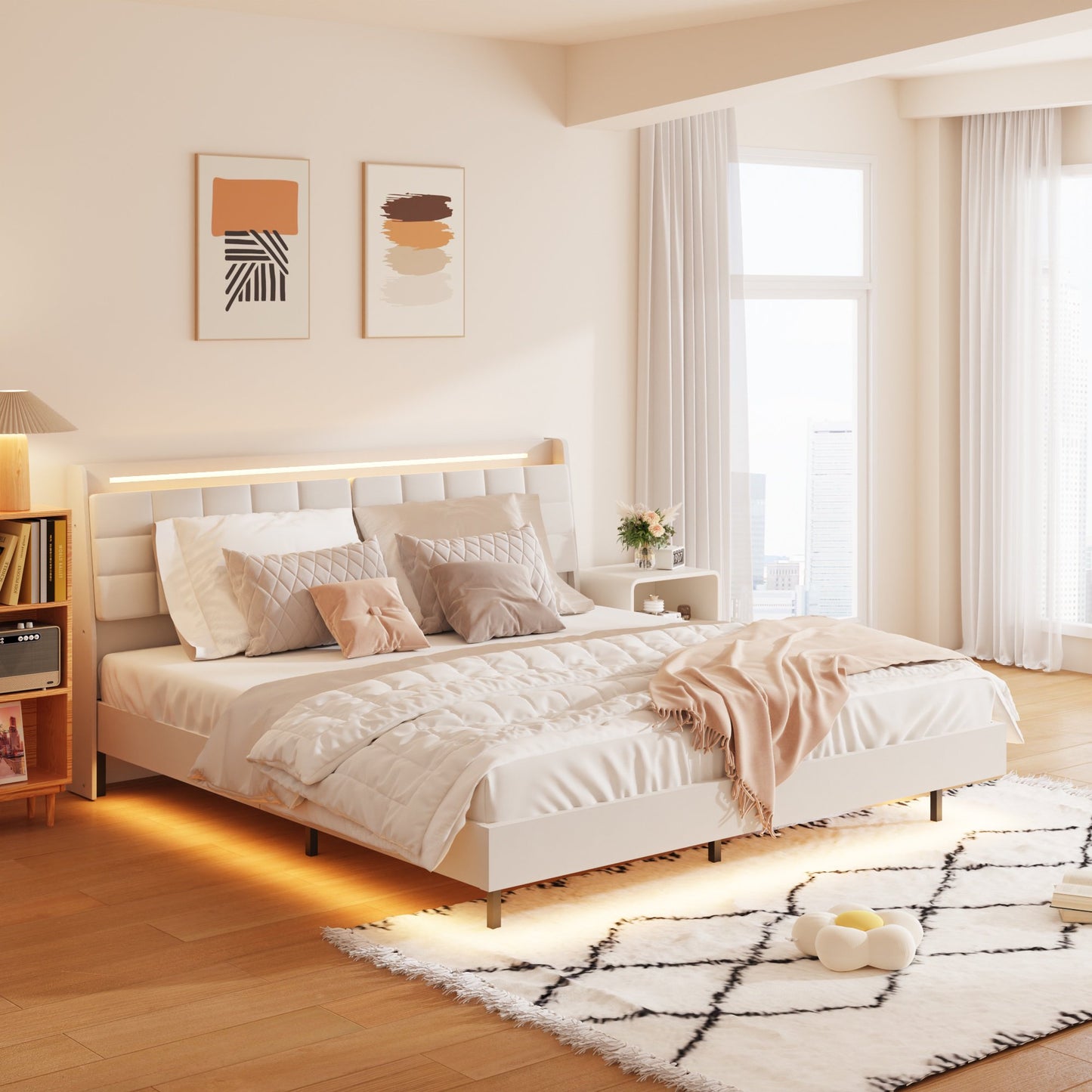 Sesslife Queen Size Bed Frame with LED Lights and Charging Station, Velvet Upholstered Platform Bed with Hidden Storage Headboard, Floating Bed with Wooden Slats Support, No Spring Box Needed, Beige