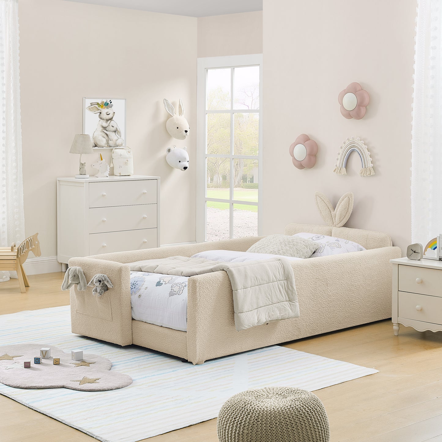 Sesslife Twin Bed Frame with Guardrail, Upholstered Twin Size Floor Bed with Rabbit Ear Headboard and Side Pocket, Montessori Platform Bed Frame with Wood Slats for Little Boys Girls, Beige