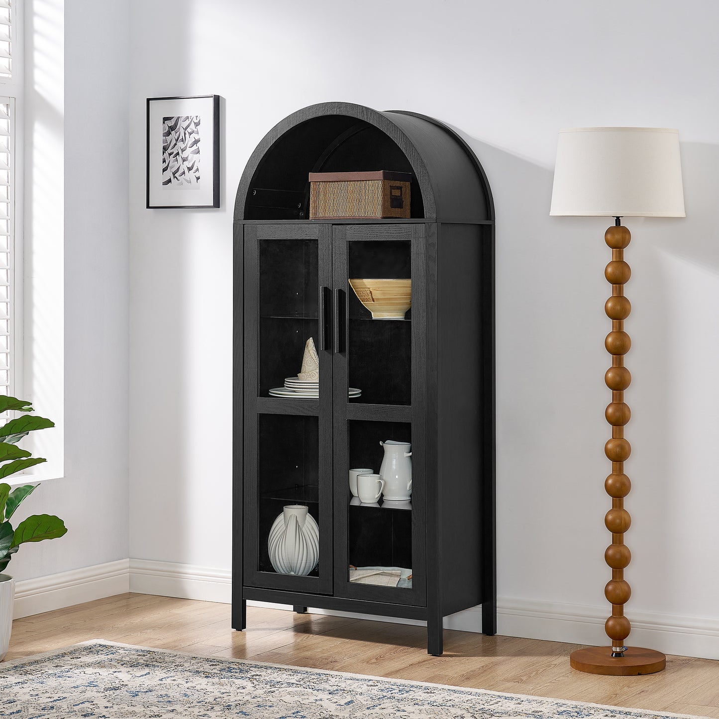 SESSLIFE 67" Arched Storage Cabinet with Light, Modern Wooden Cabinet with Adjustable Shelves, Multi-Functional Tall Kitchen Cabinet for Living Room, Black Freestanding Storage