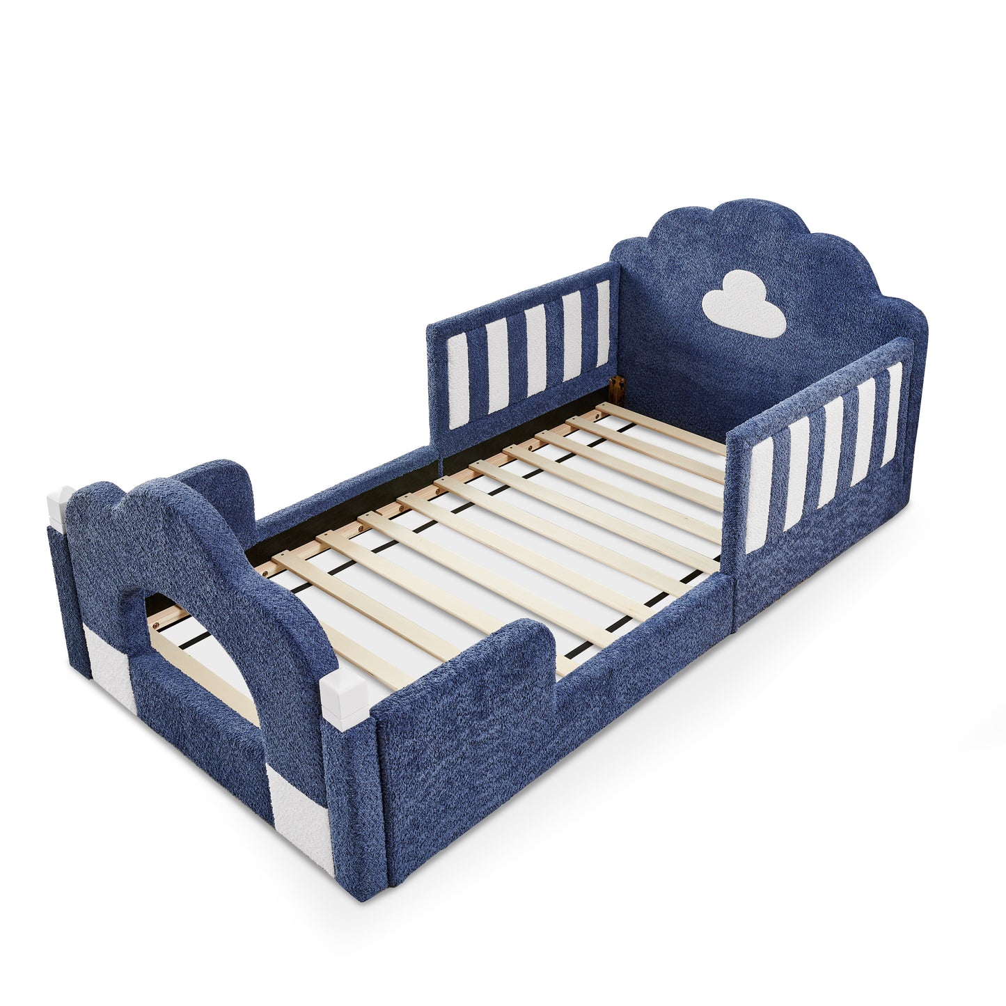 SESSLIFE Upholstered Twin Size Floor Bed with Cloud Headboard, Twin Platform Bed with Safety Guardrails, Solid Wood Frame, Low Profile Montessori Bed for Little Boys Girls, Sky Blue