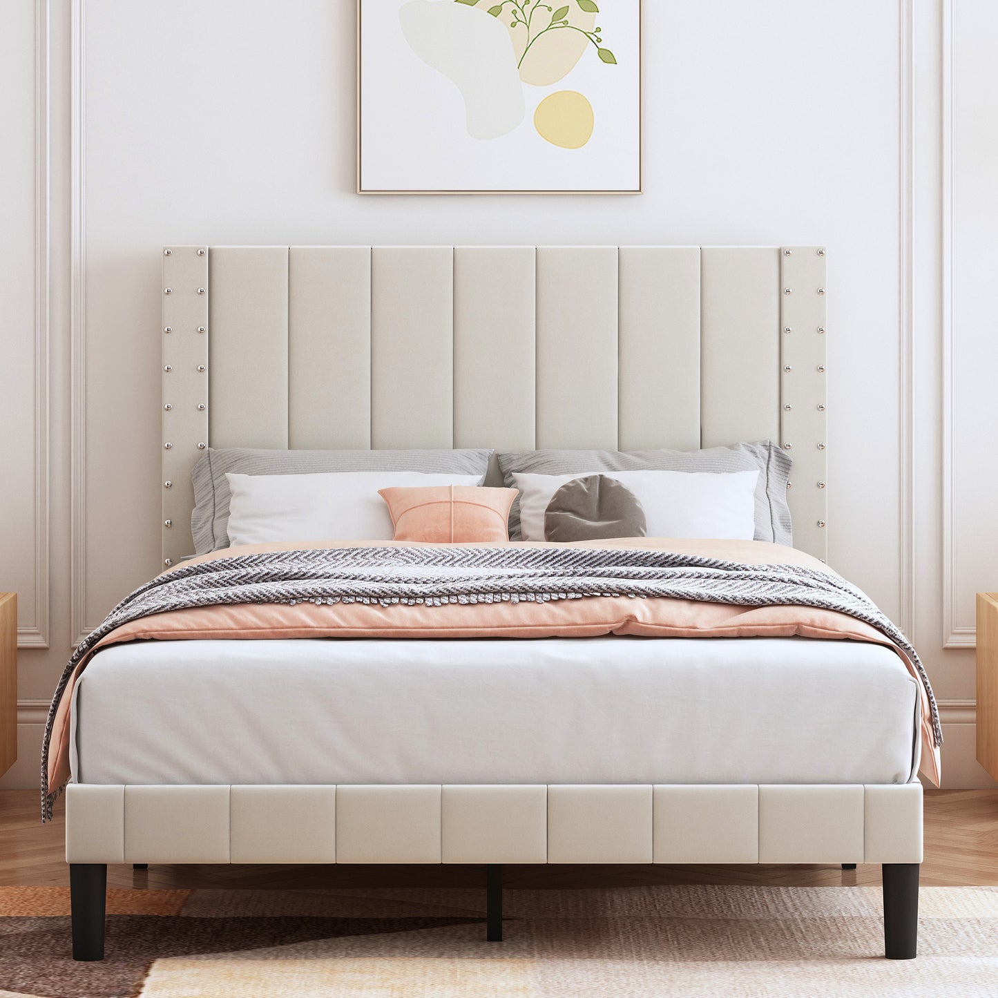 Full Bed Frame, Platform Bed Frame Full Size with Modern Flannelette Fabric Upholstered Headboard and Wooden Slats Support, Bedroom Furniture, No Box Spring Needed, Easy Assembly, Grey