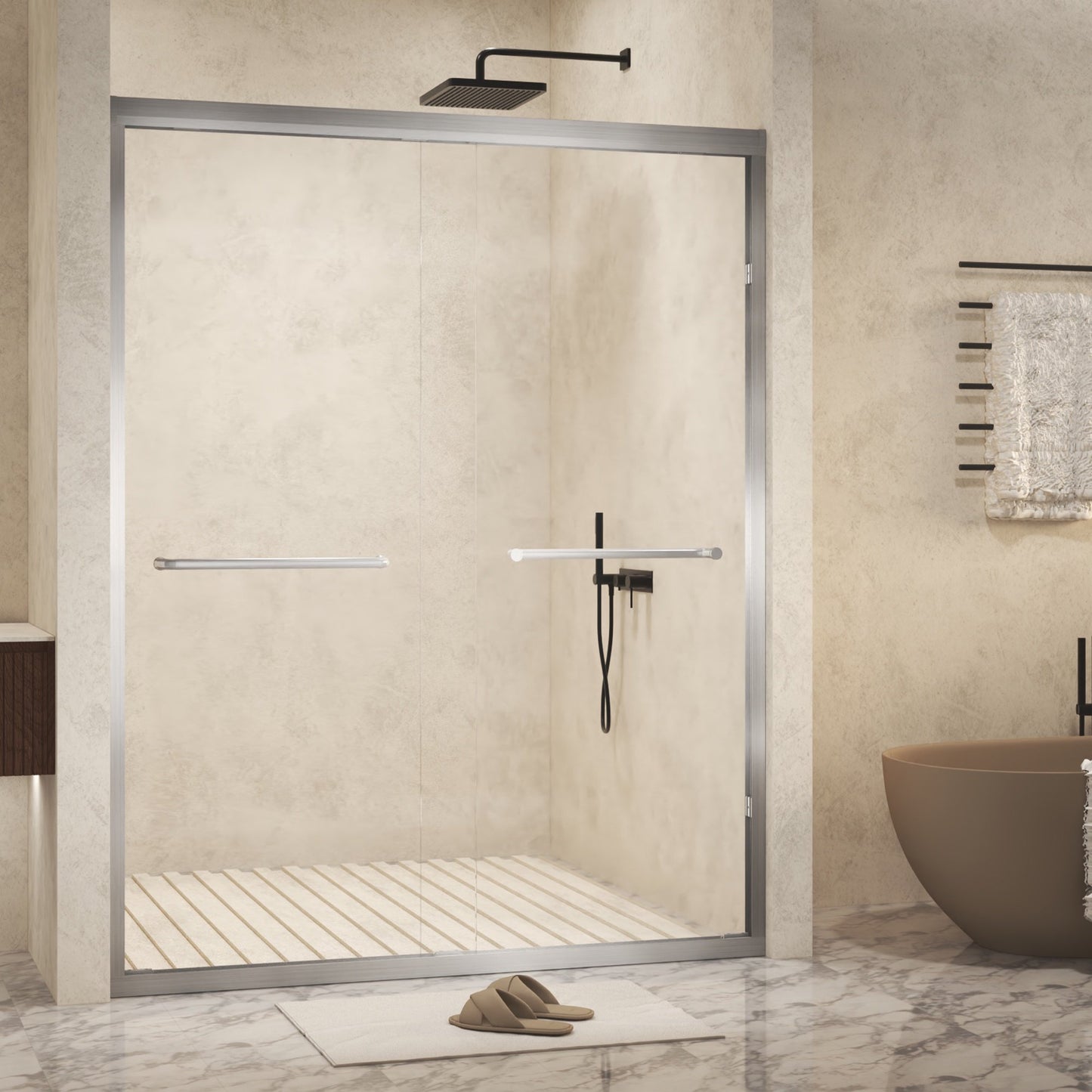 Sesslife 44-48" W x 72 in H Double Sliding Shower Door with Aluminum Frame, Modern Bathroom Shower Door with 1/4" Clear Tempered Glass and Stainless Steel Long Handles, SCGG Certified, Matte Black