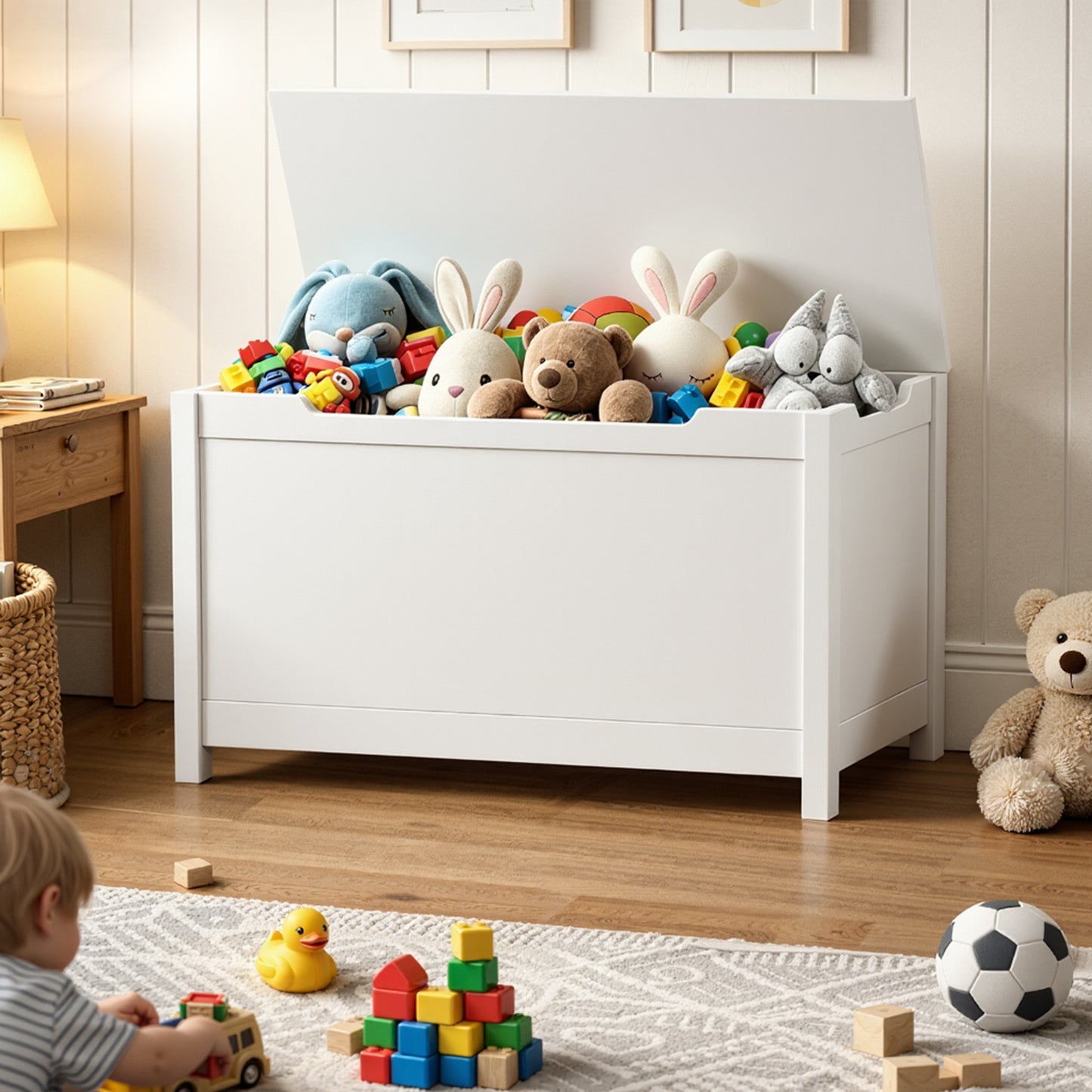 SESSLIFE Toy Storage Box with Lid, Wooden Toy Chest Seating Bench for Boys and Girls, Safety Hinged Storage Chest, Toy Organizer for Playroom Bedroom Entryway