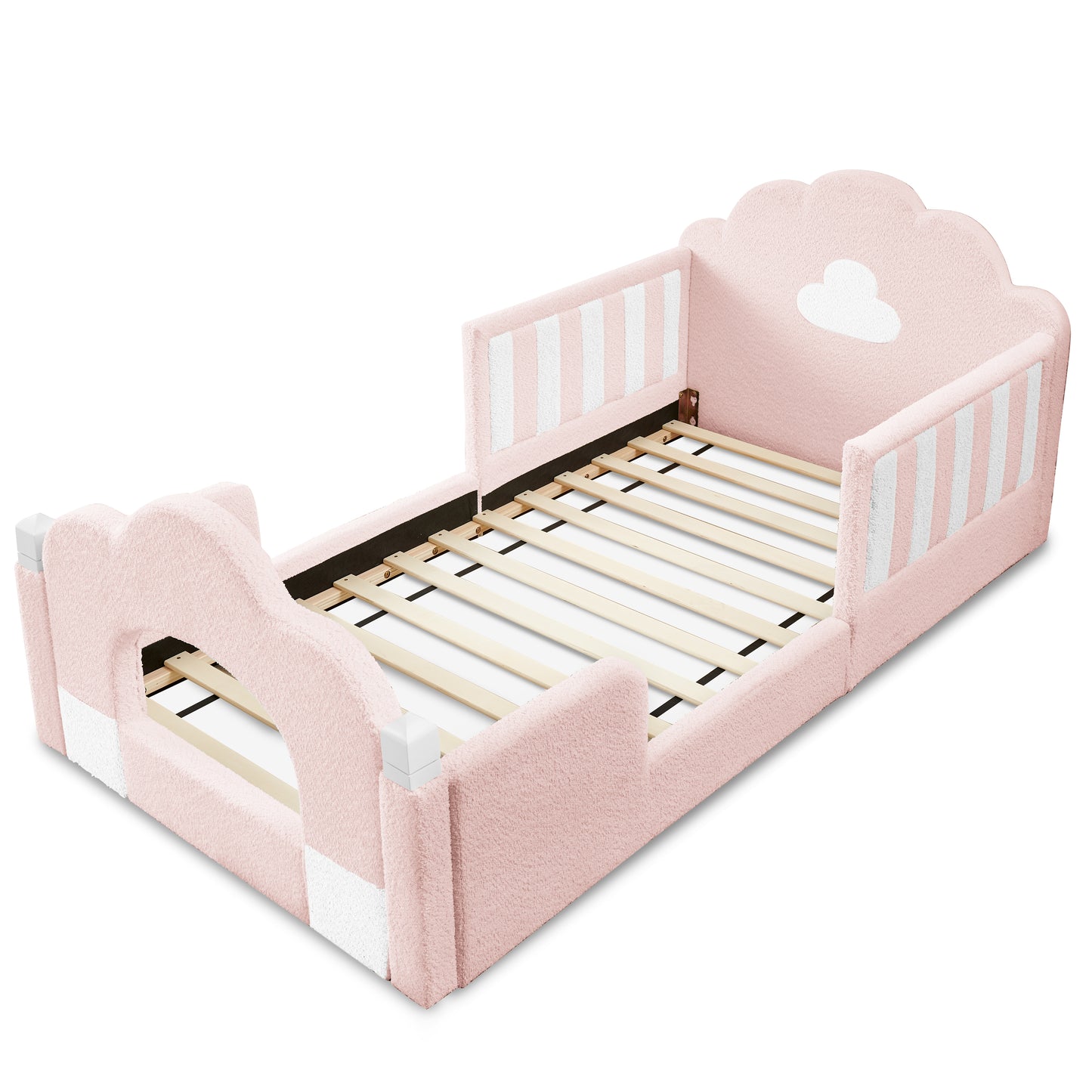 SESSLIFE Upholstered Twin Size Floor Bed with Cloud Headboard, Twin Platform Bed with Safety Guardrails, Solid Wood Frame, Low Profile Montessori Bed for Little Boys Girls, Sky Blue