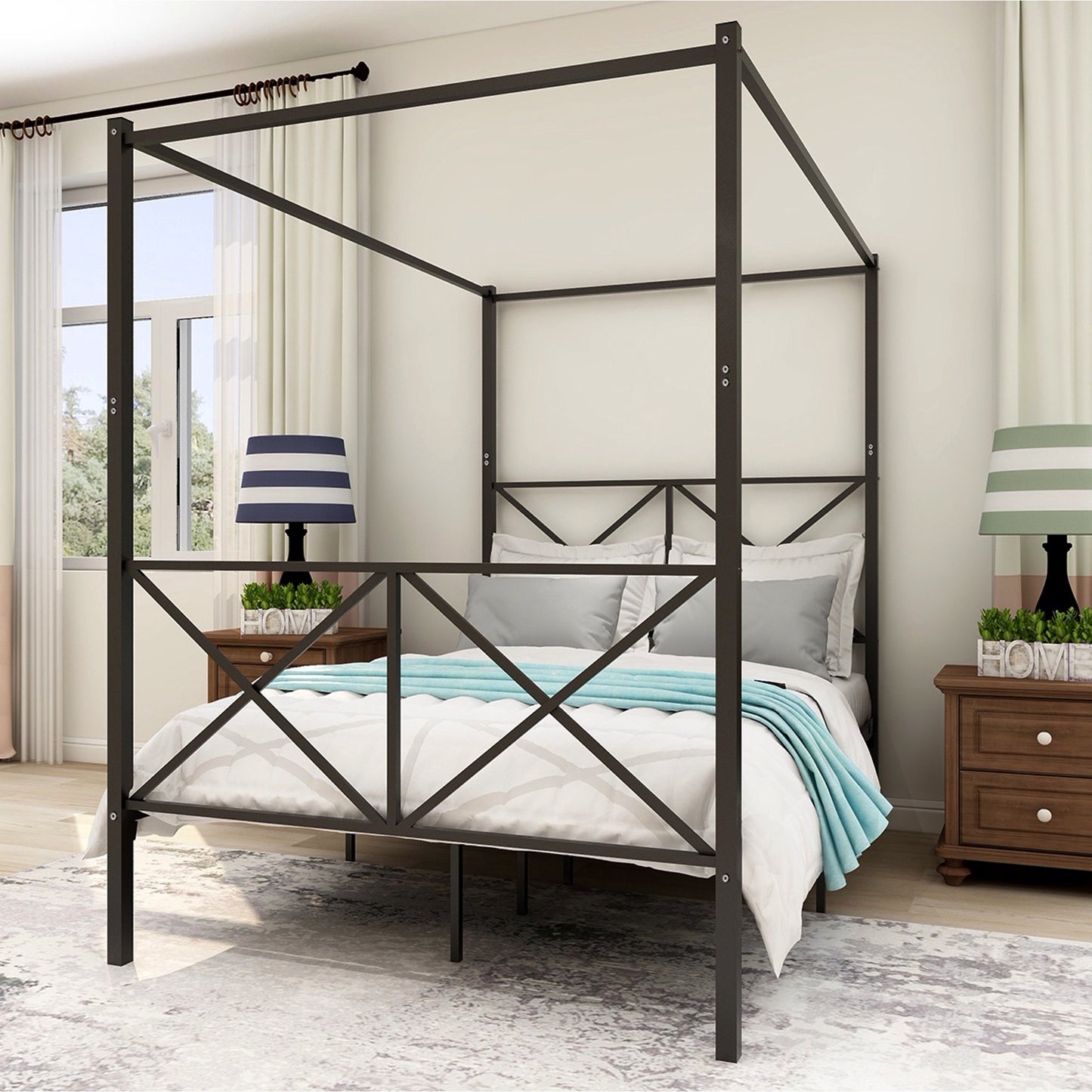 Sesslife Queen Size Canopy Bed Frame, Metal Platform Bed with Headboard and Footboard, Canopy Bed Curtain Not Included, Large Under Bed Space, Strong Metal Slats Support, No Box Spring Needed, BlackB