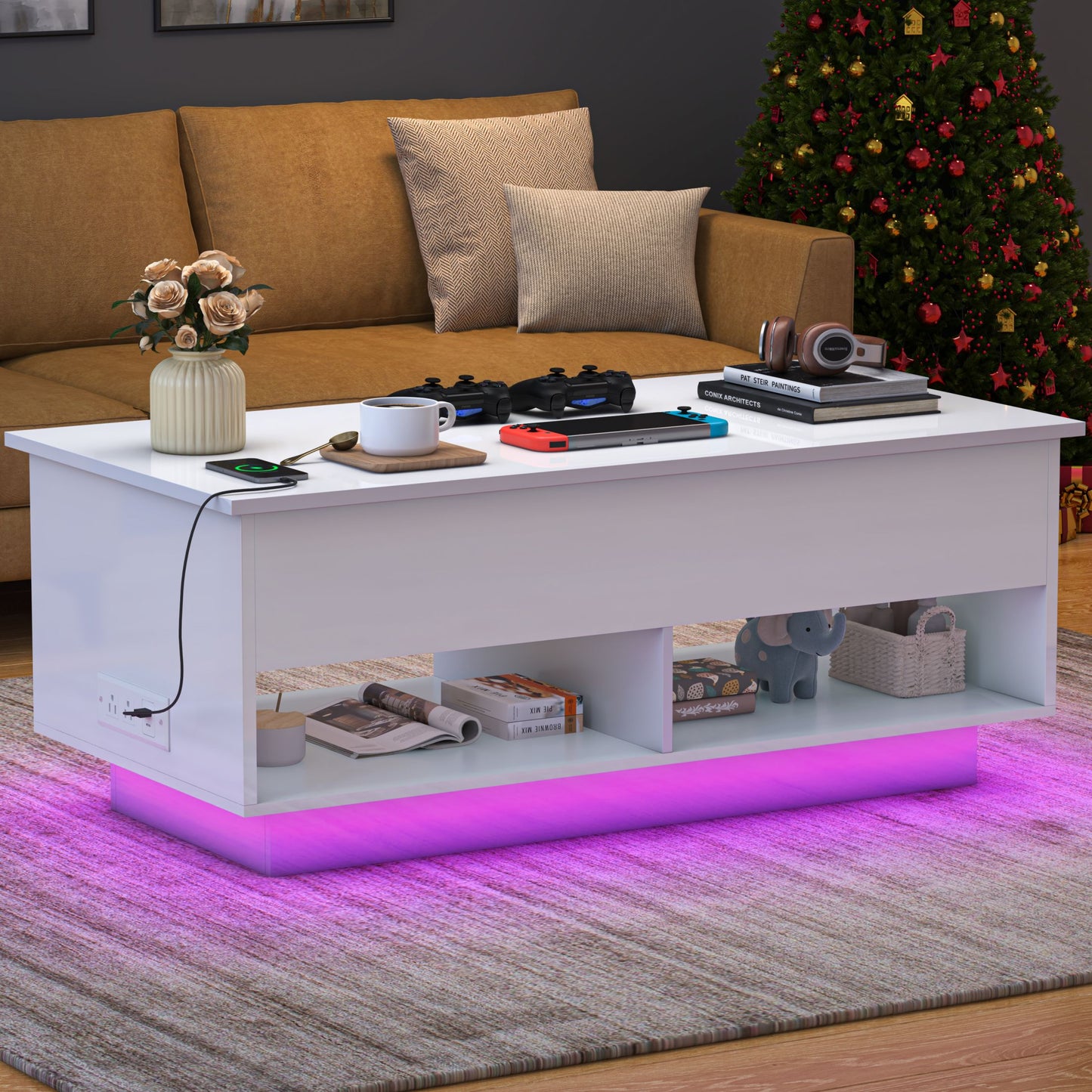 Sesslife LED Lift Top Coffee Table with Rising Top & Open Shelf, Rectangular Modern Center Table with Hidden Compartment and Charging Station, High Gloss Side End Table for Living Room, Black